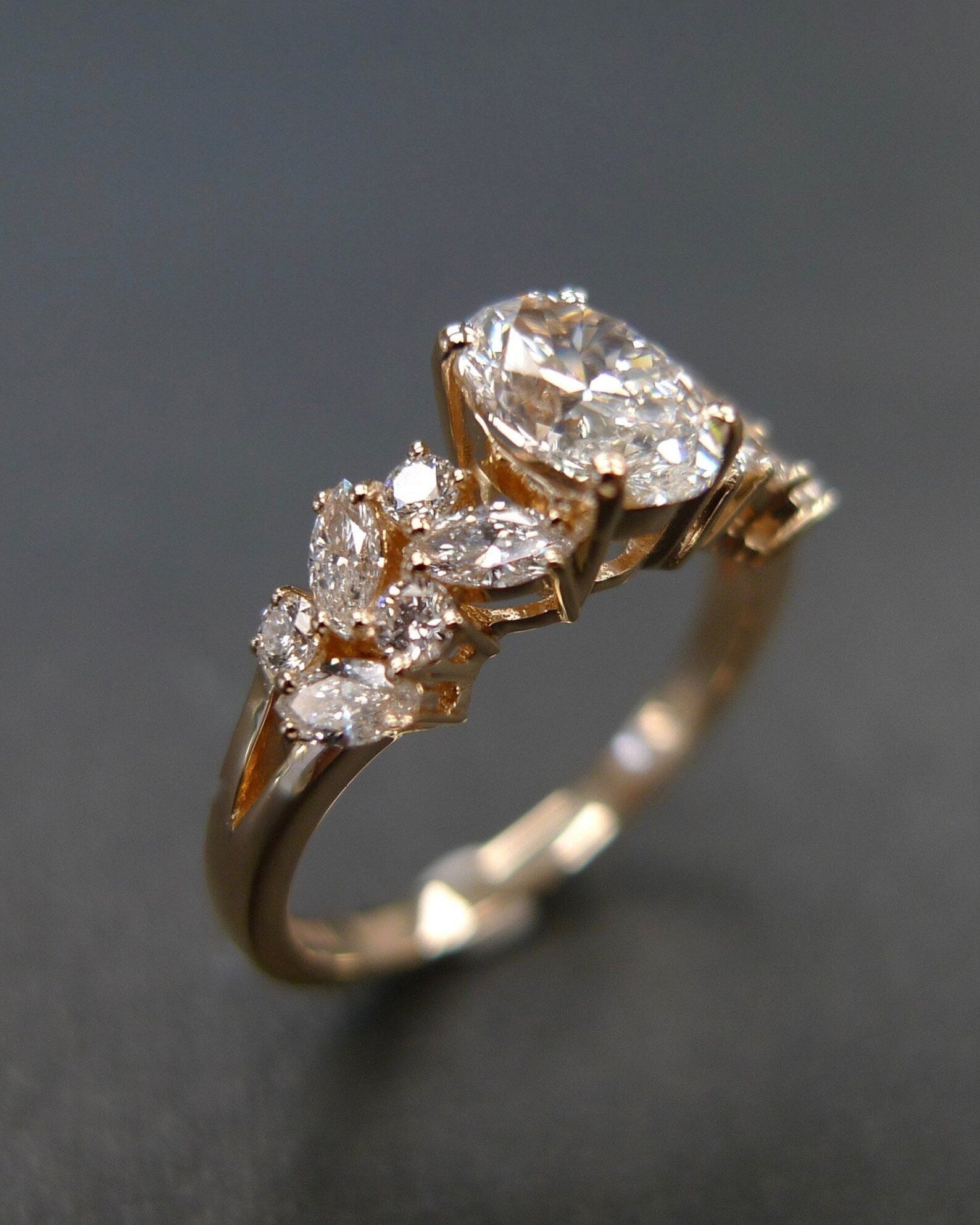 Certified 0.80ct Oval Cut Diamond and Marquise Diamond Ring in Yellow Gold - HN JEWELRY