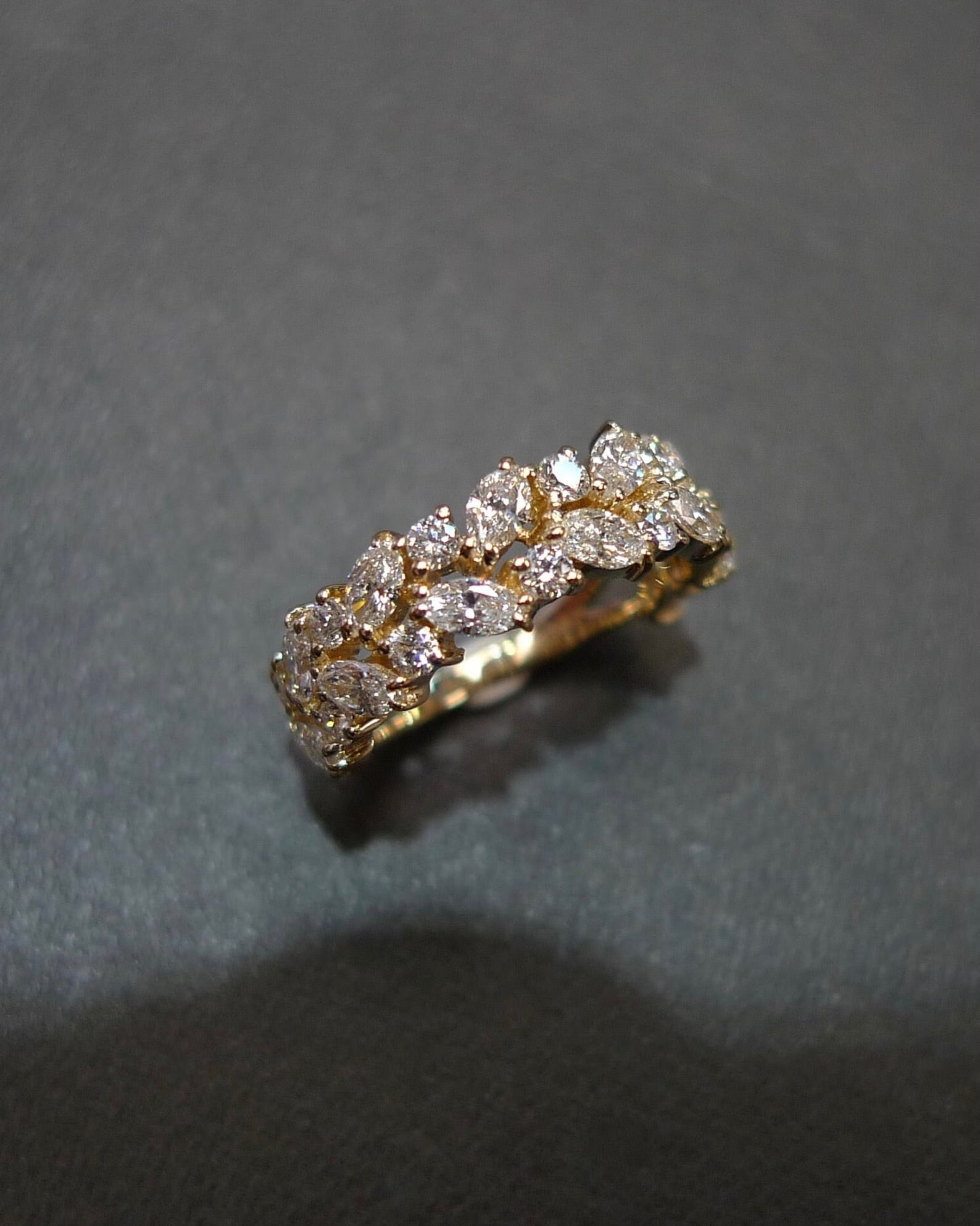 Marquise and round diamond half eternity band, elegant stackable wedding ring in 18k solid yellow gold