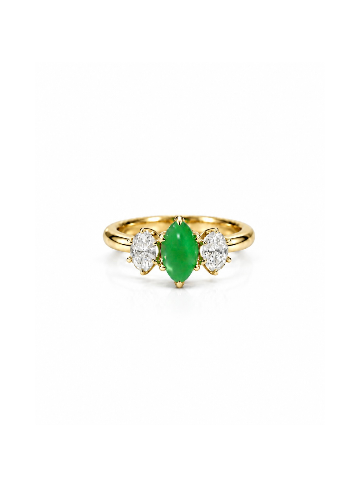 Natural marquise green jade three stone ring worn on hand in sunlight, flanked by icy oval diamonds in a polished 14k yellow gold setting.
