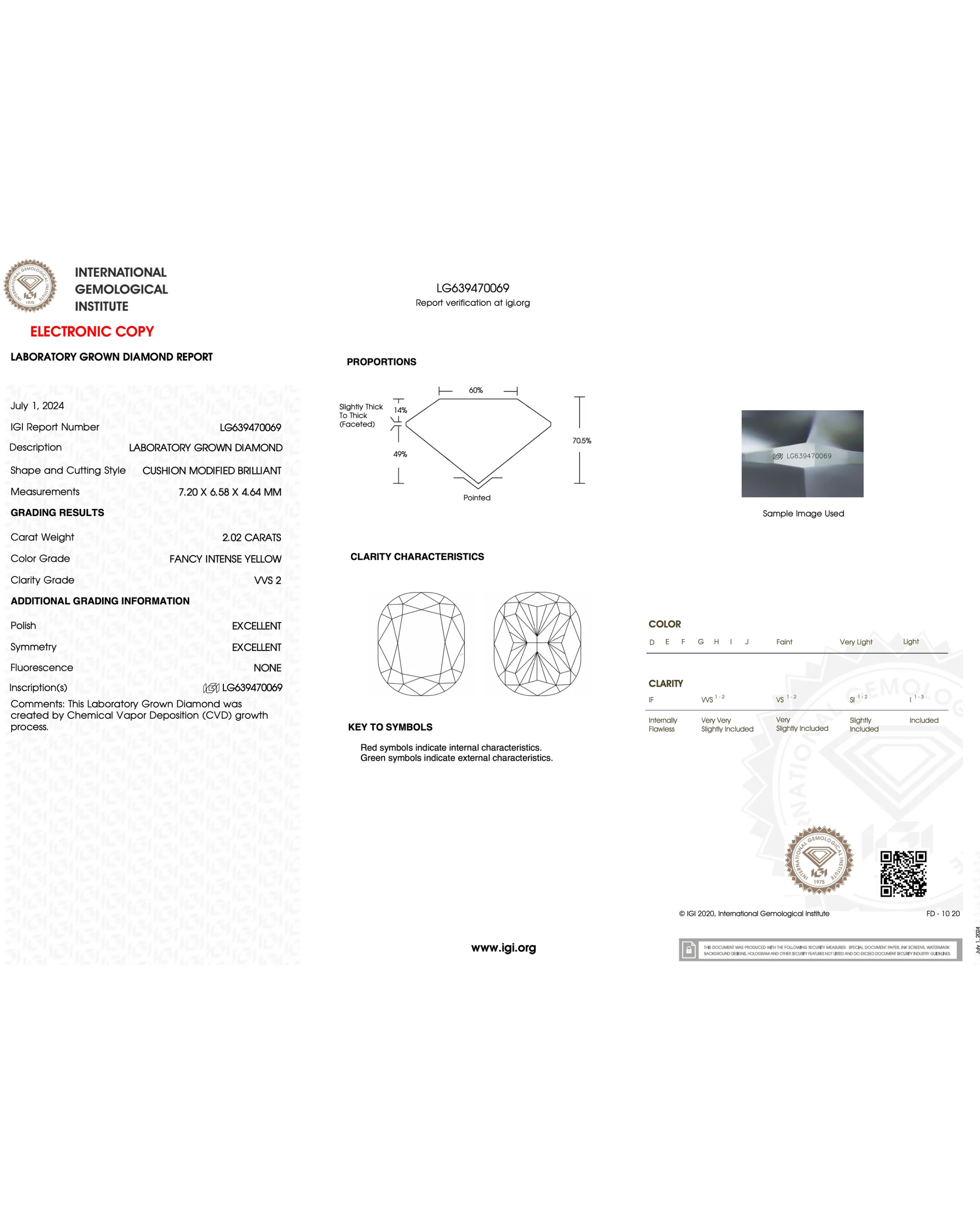 Diamond report with gemological details on a white background