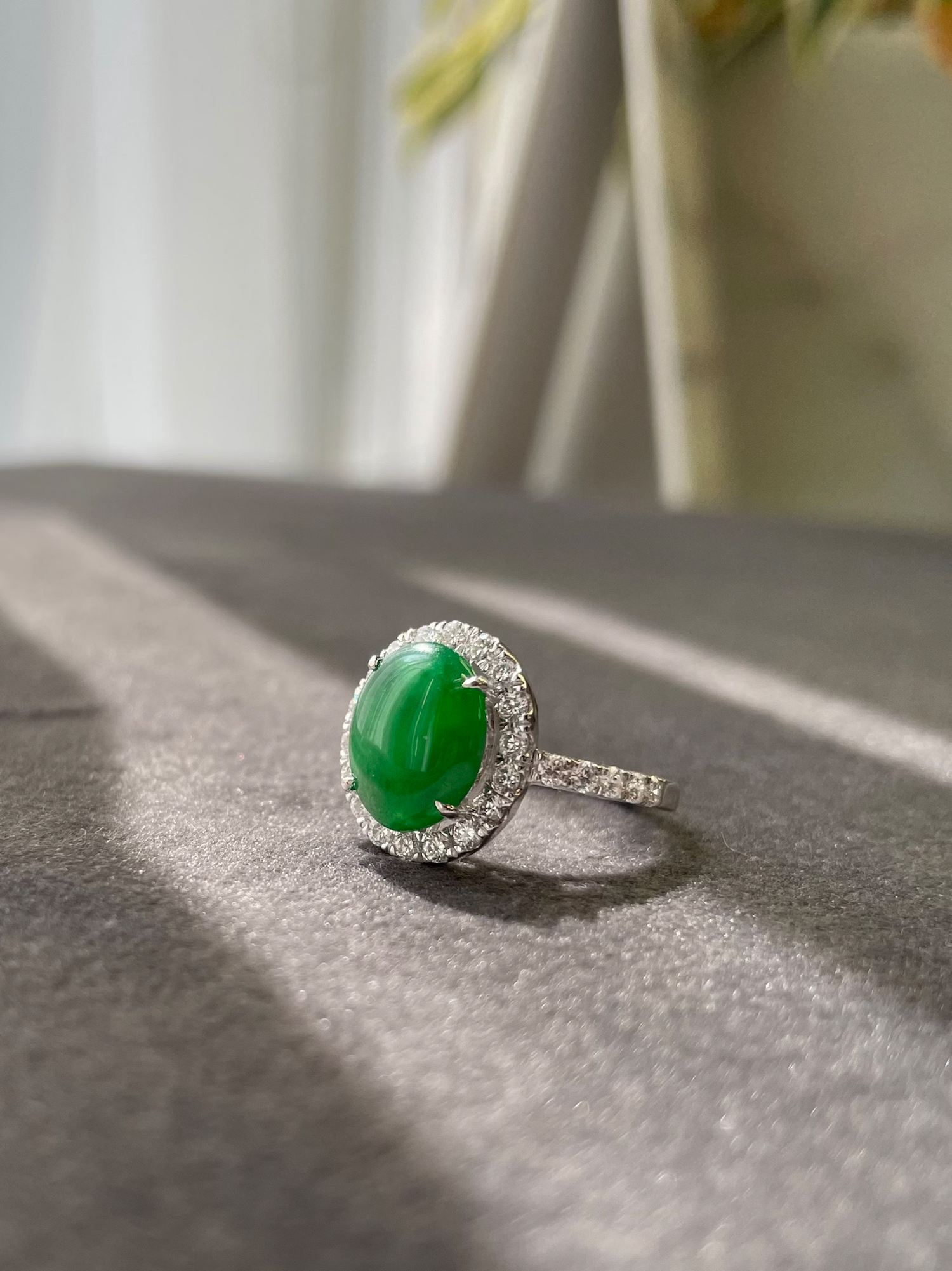 Certified Natural Oval Green Jade & Diamond Ring in White Gold - HN JEWELRY