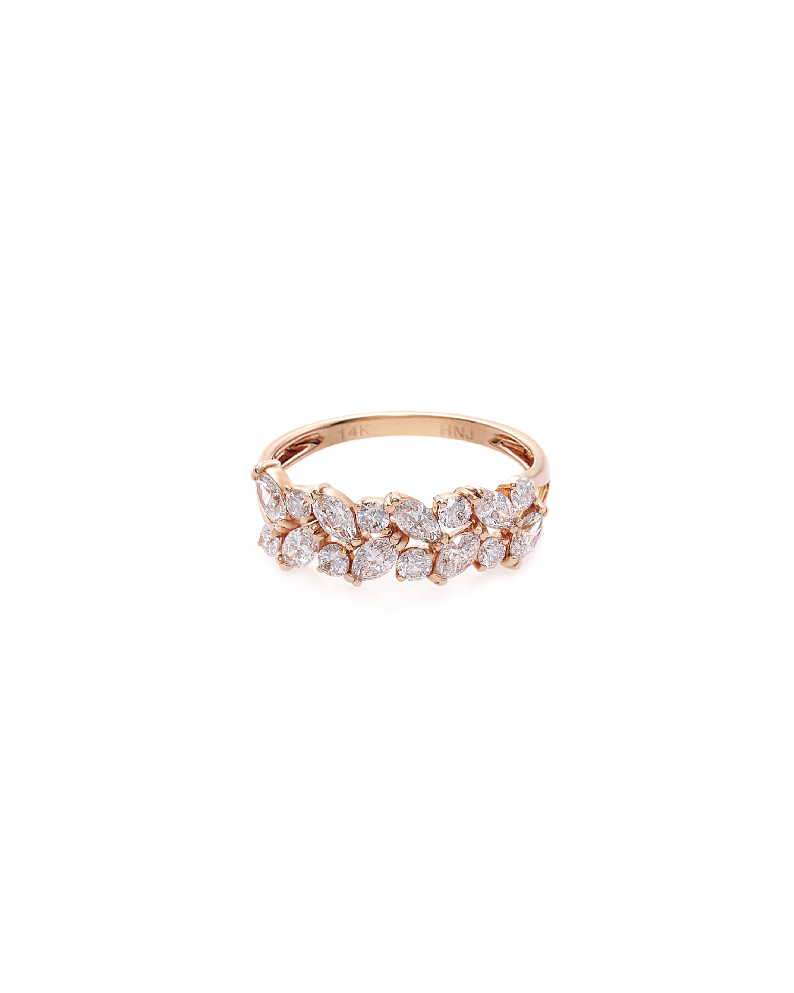 close up marquise diamond ring with rose gold band