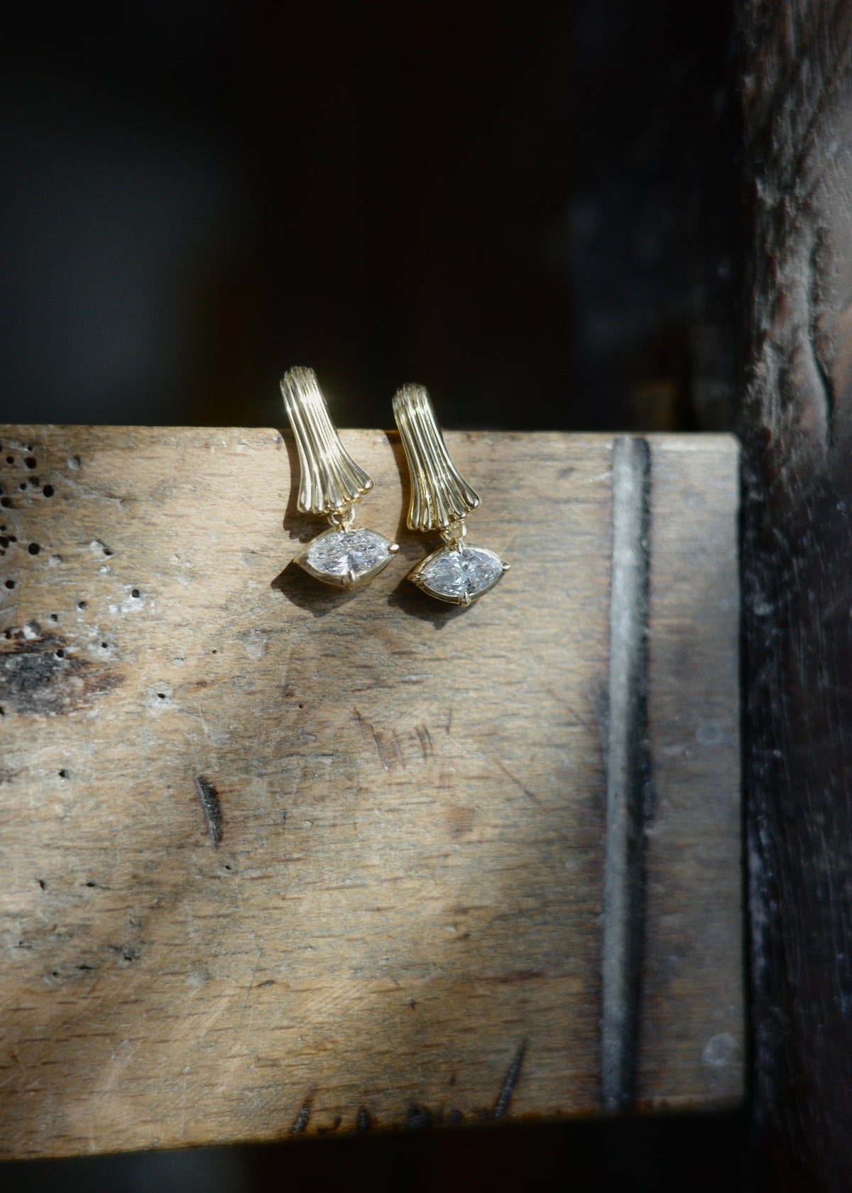 Sculptured Fluted Fan Marquise Diamond Drop Earrings