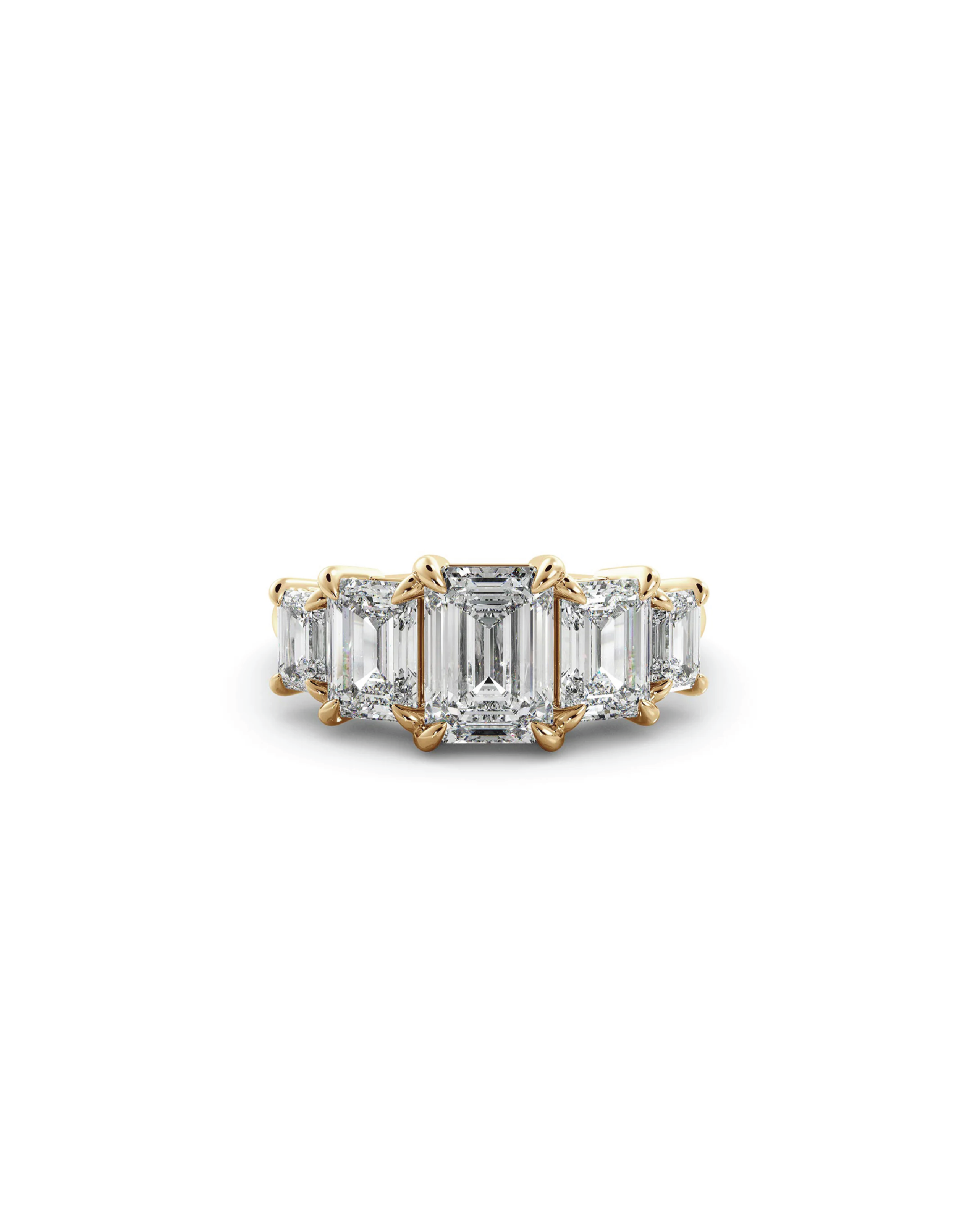 An elegant emerald five-stone ring with a certificate, featuring a emerald diamond center stone and accent diamonds set in 18K yellow gold.