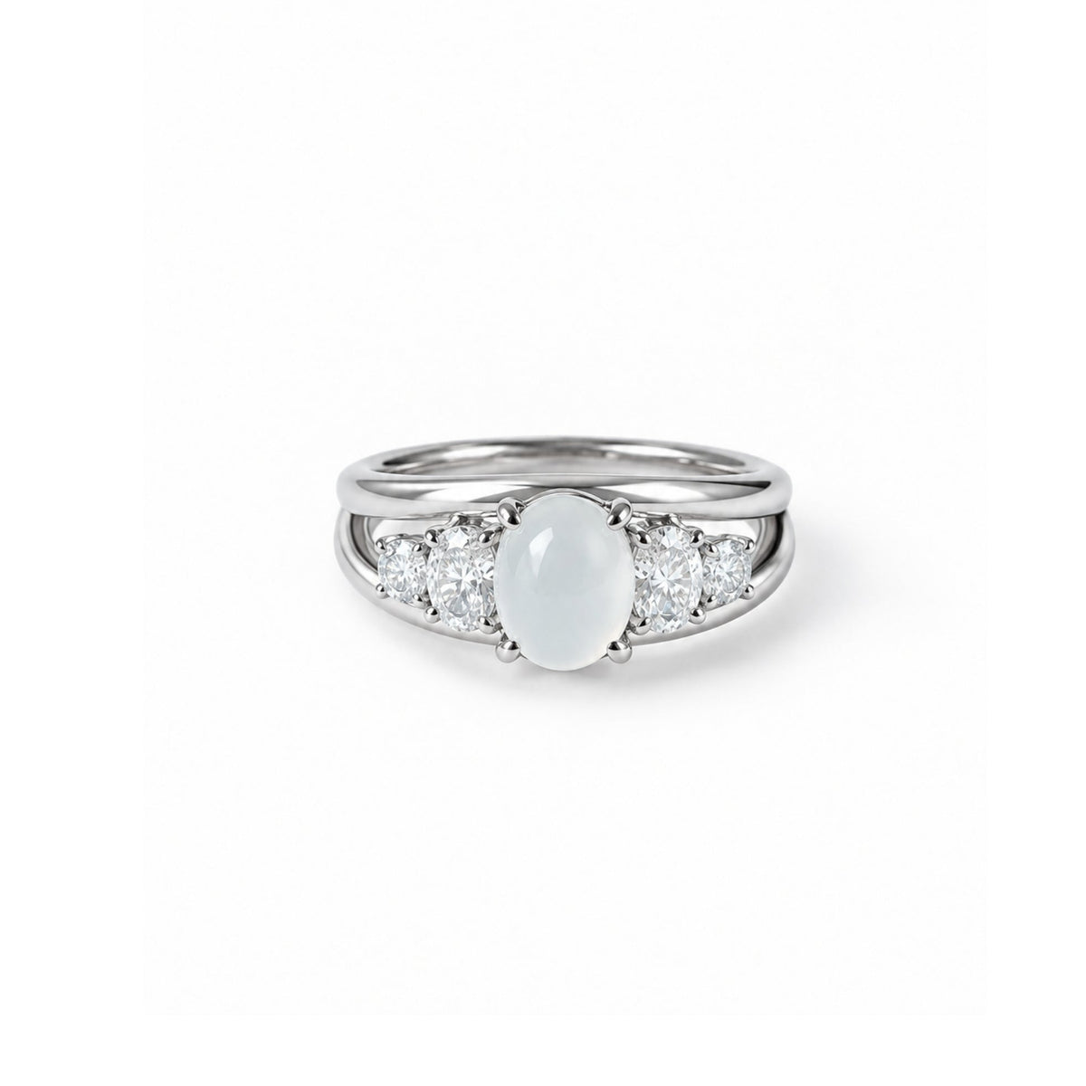 natural oval white jade and oval cut diamond 5 stones ring