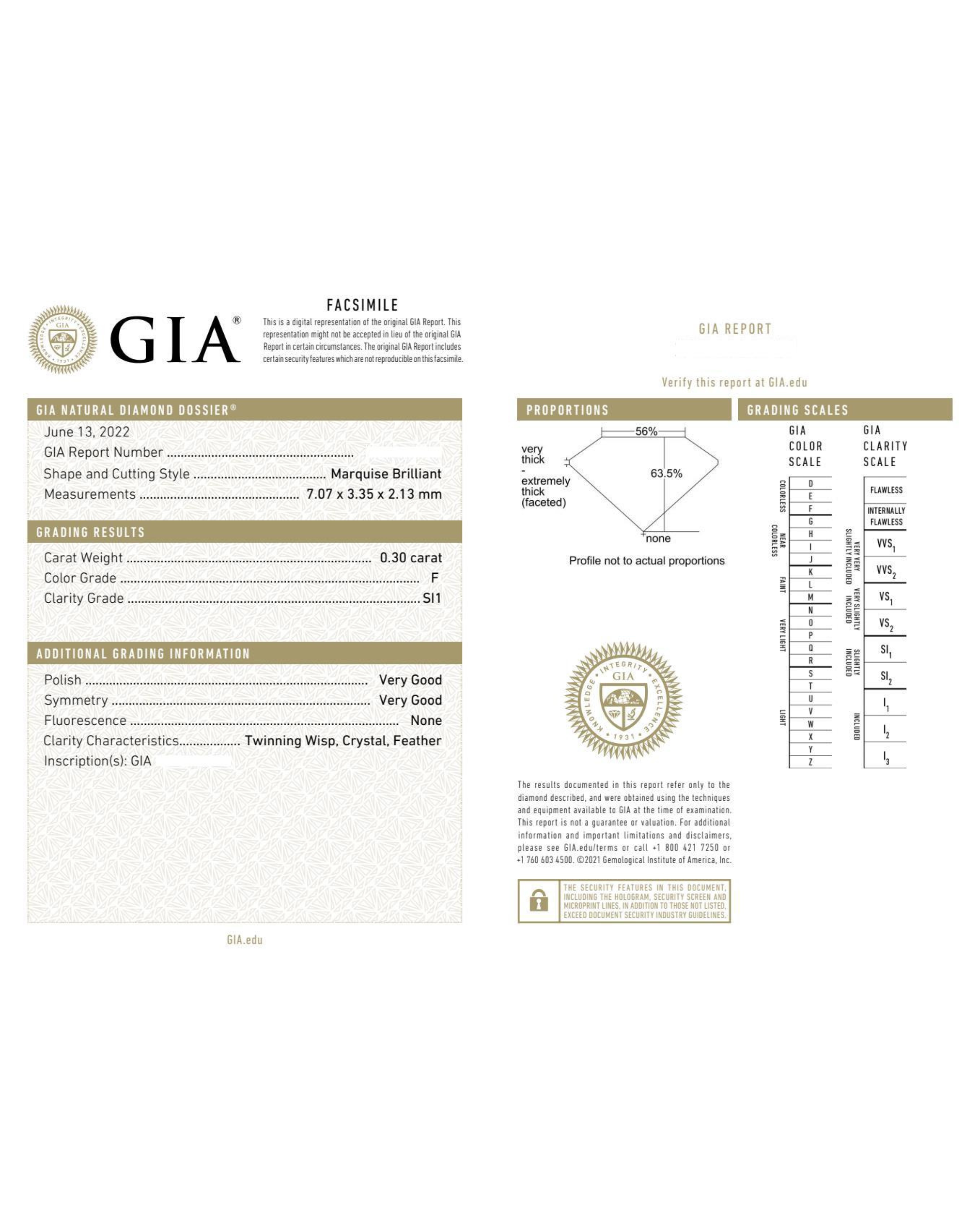 GIA (Graduate Institute of Art) diamond grading report certificate of 0.30ct marquise diamond F/SI1
