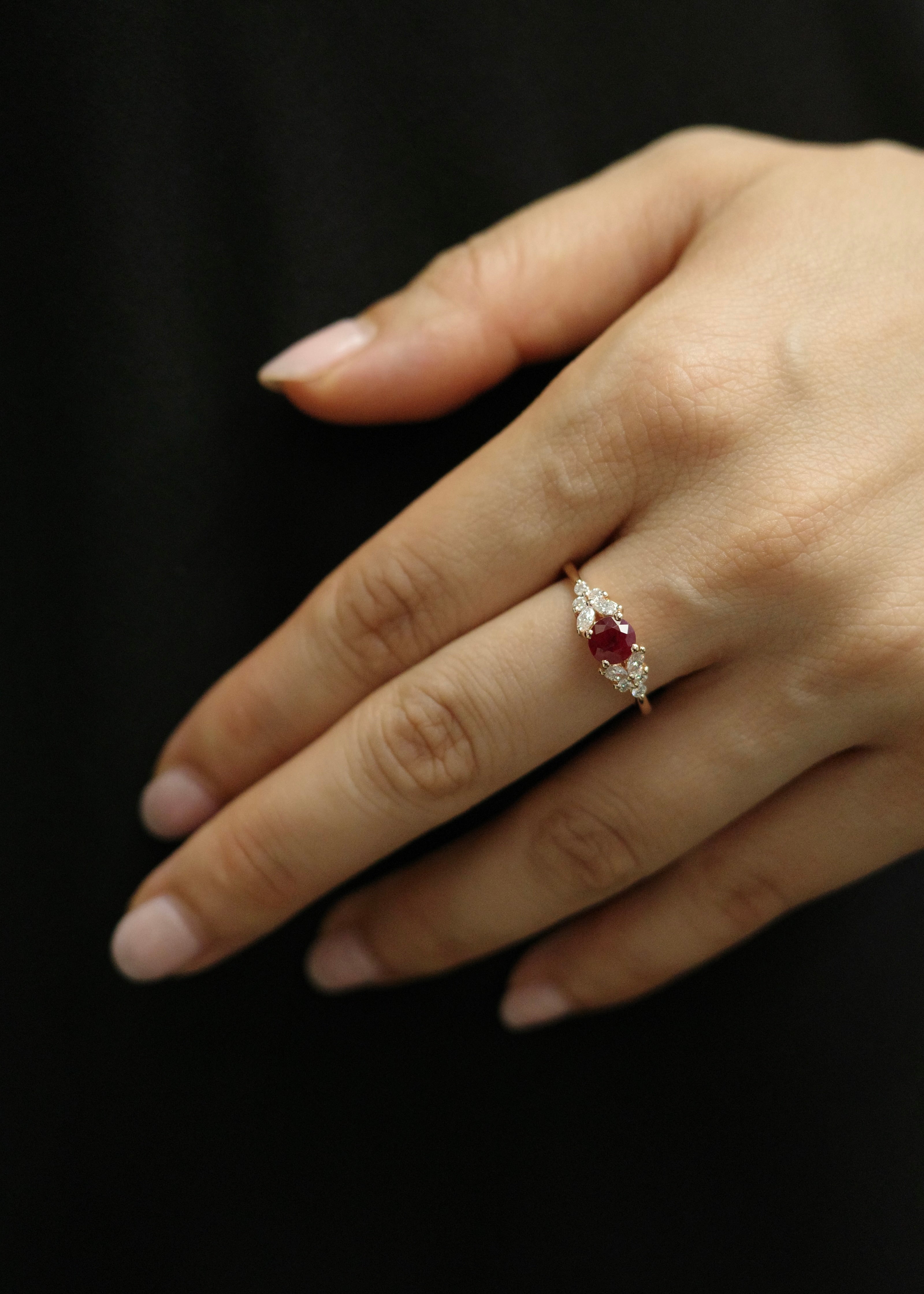 Handcrafted Rose Gold Ruby Ring with Marquise Diamonds for Women
