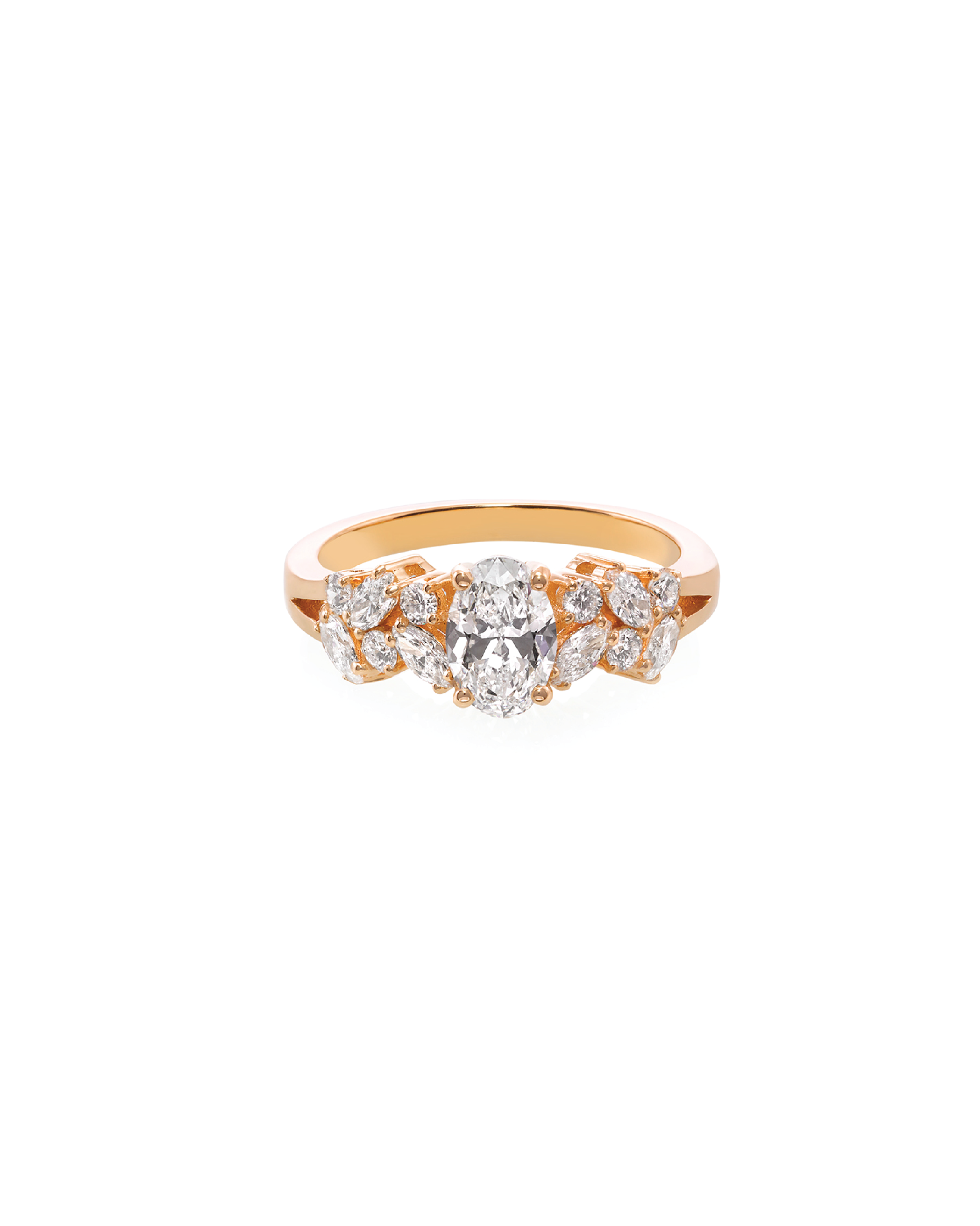 An elegant 0.80ct oval diamond ring with alternating round and marquise diamond patterns set in a white gold band.