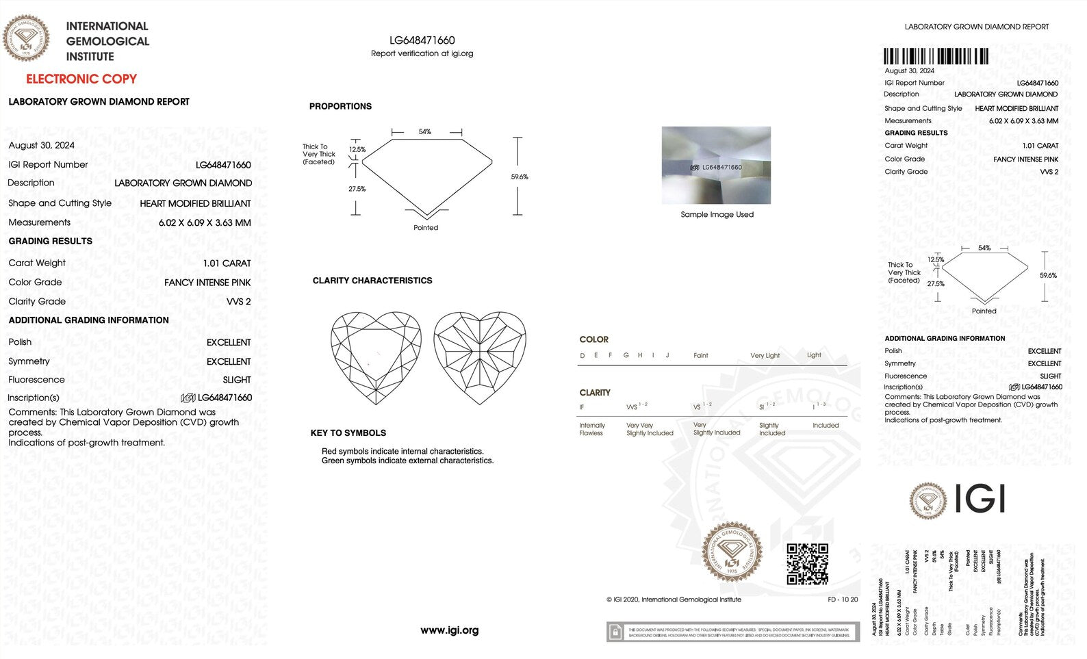 Diamond certification report with IGI logo on a white background