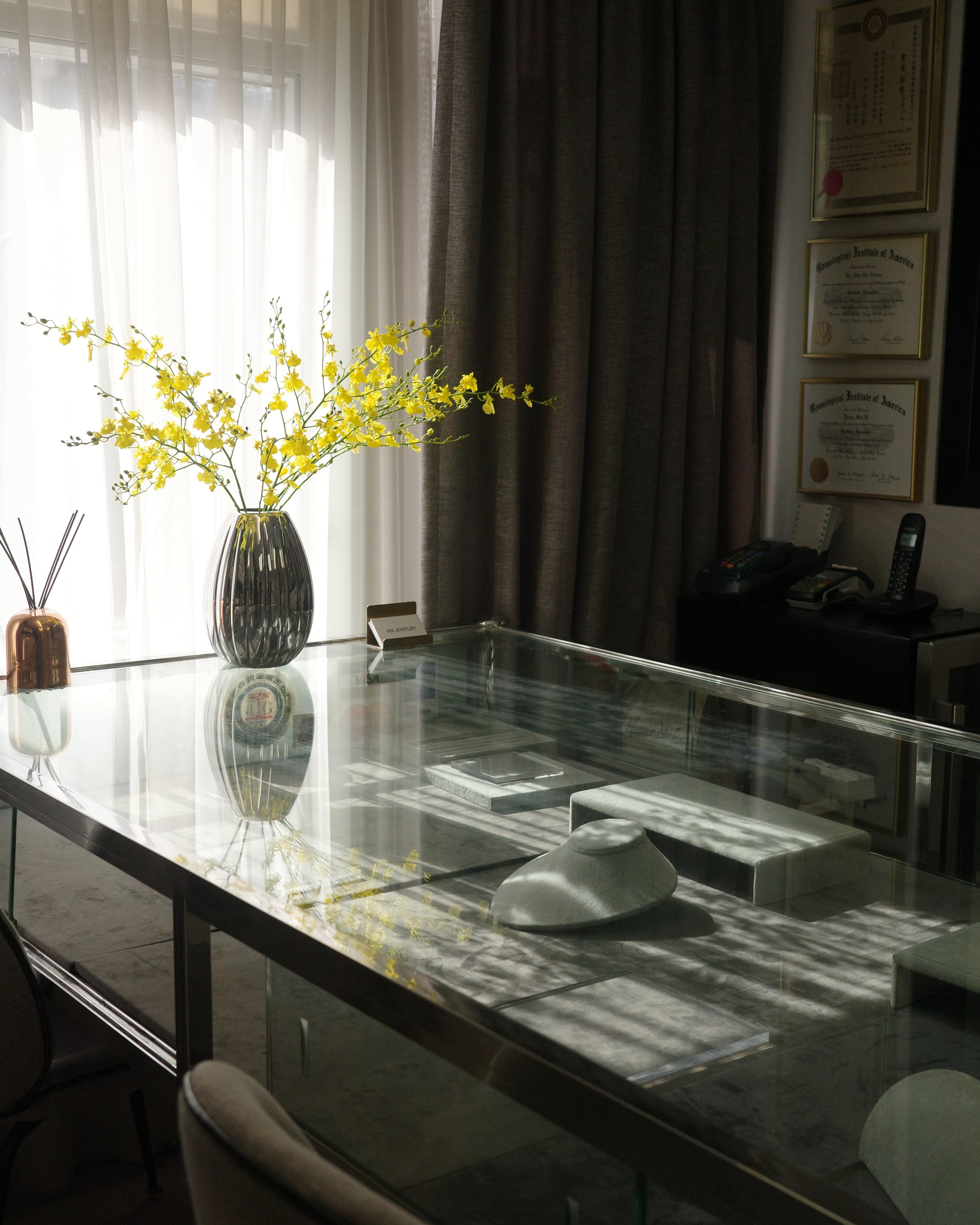 Modern showroom with jewelry workshop at the same place, decorative plant, and light fixture.