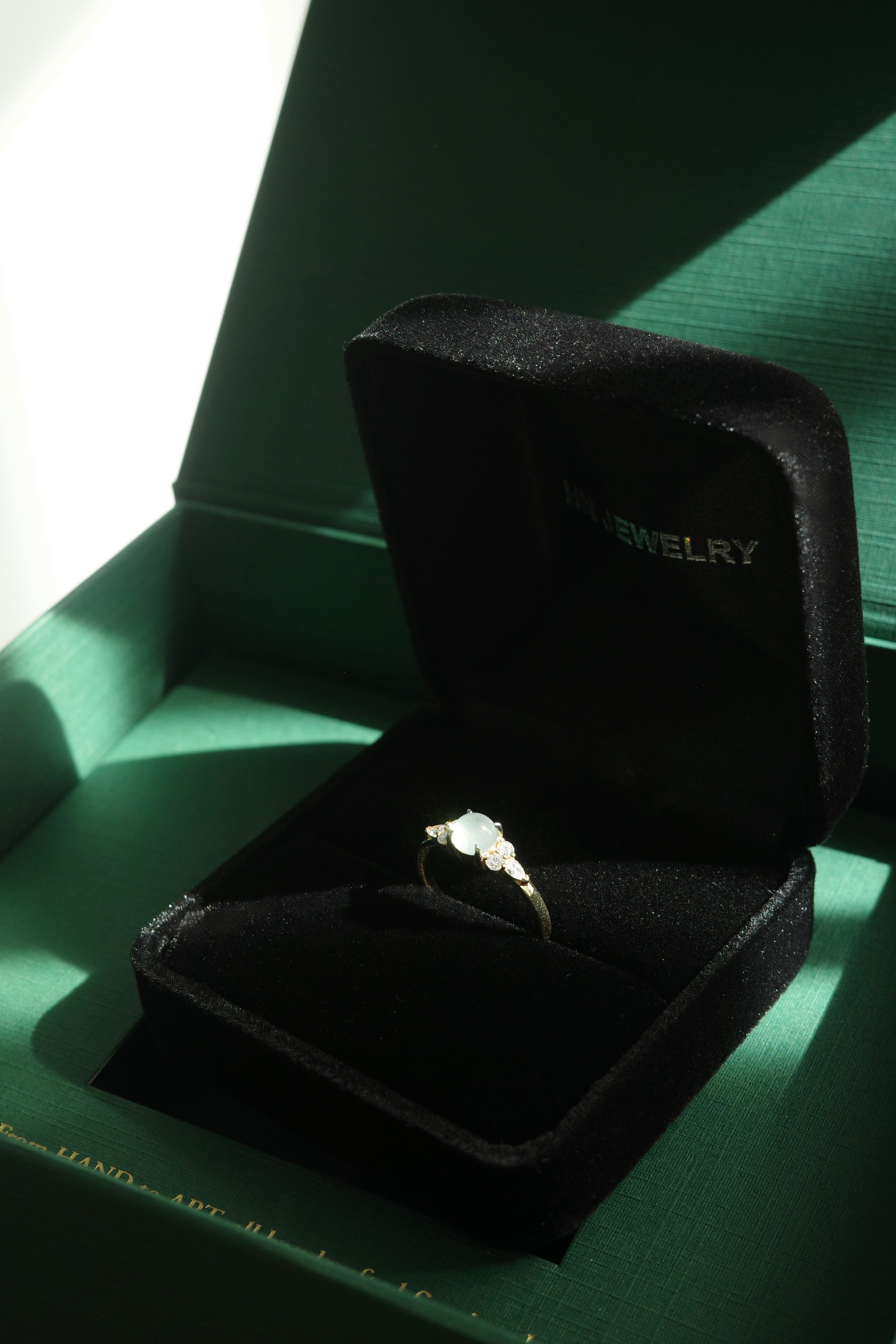 Certified white jade and diamond ring in 14k solid gold