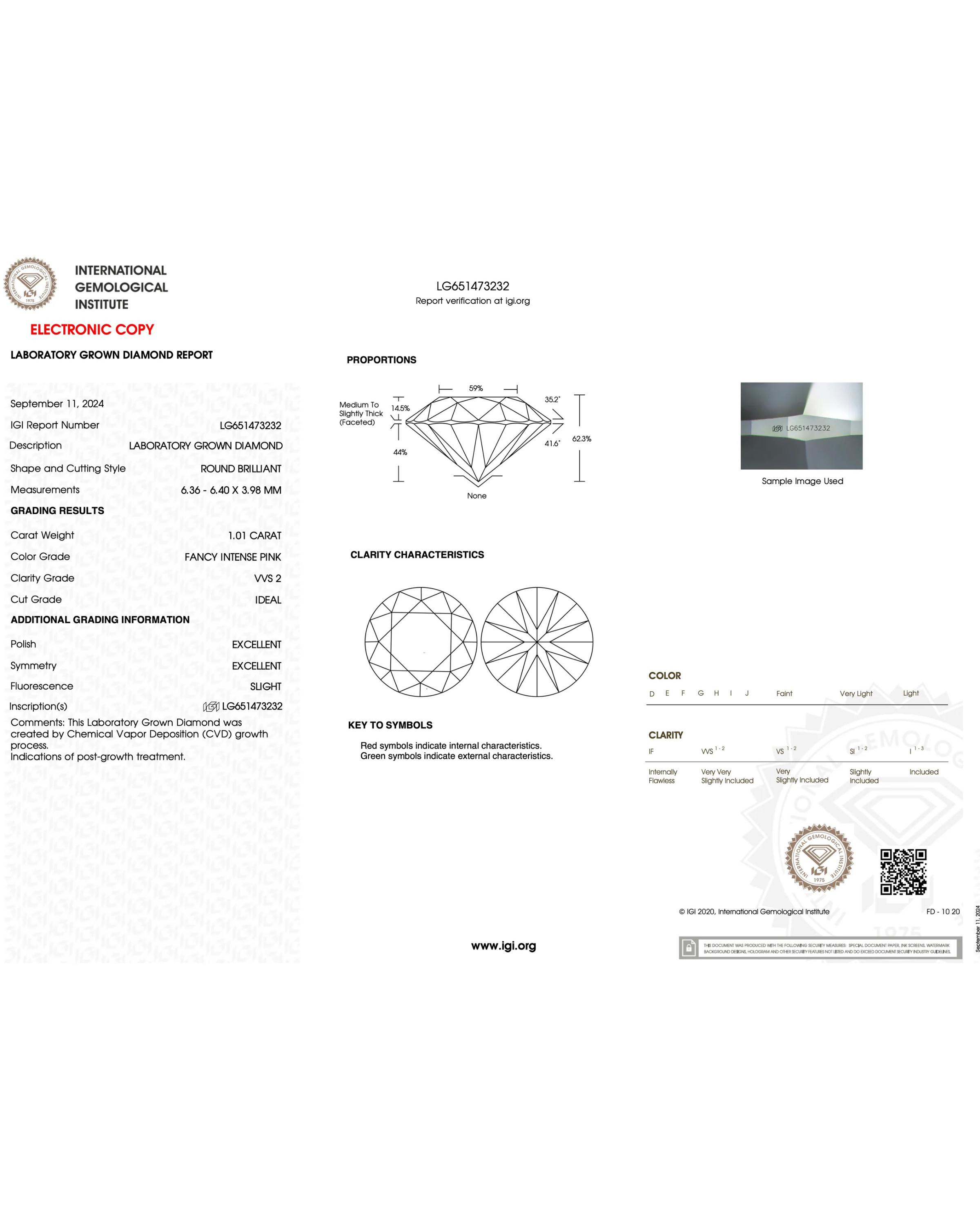 IGI Laboratory grown diamond report with diamond illustrations and grading details.
