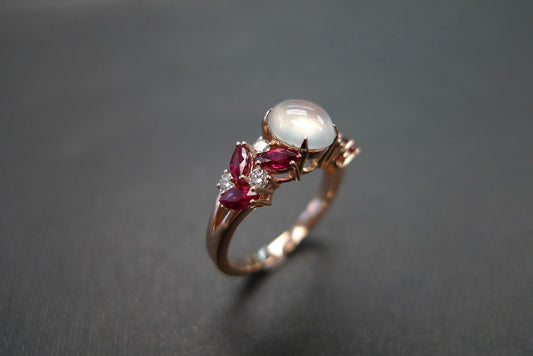 Certified Icy White Jade, Ruby and Diamond Ring in Rose Gold