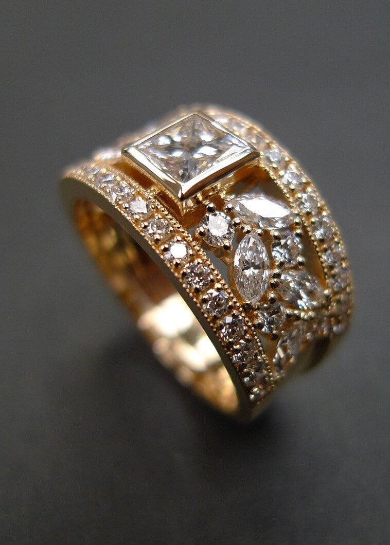 Certified 0.60ct Princess Cut Diamond Wide Ring in Yellow Gold - HN JEWELRY