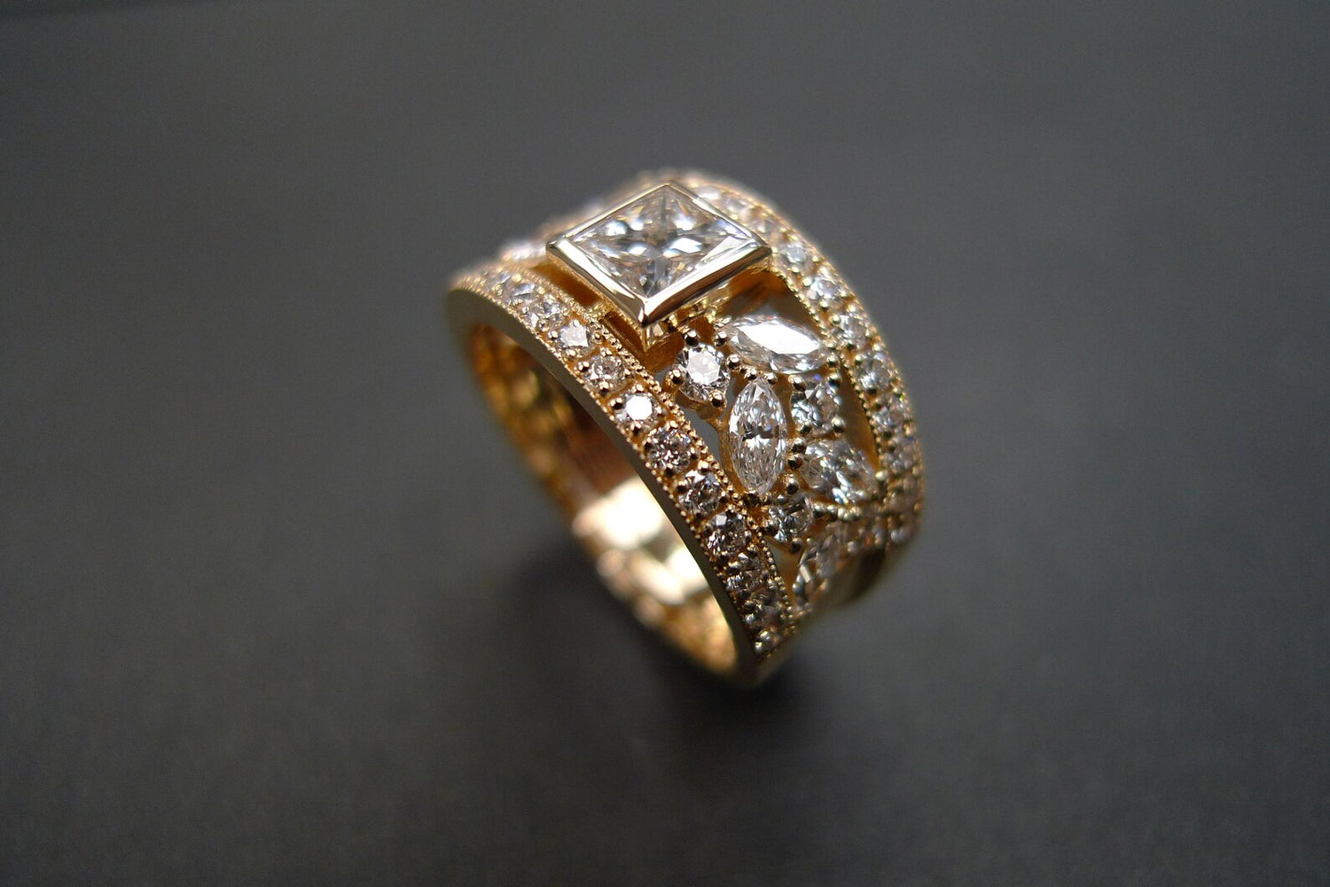 Certified 0.60ct Princess Cut Diamond Wide Ring in Yellow Gold - HN JEWELRY