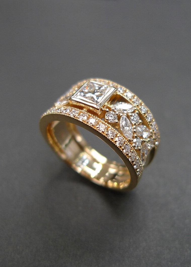Certified 0.60ct Princess Cut Diamond Wide Ring in Yellow Gold - HN JEWELRY