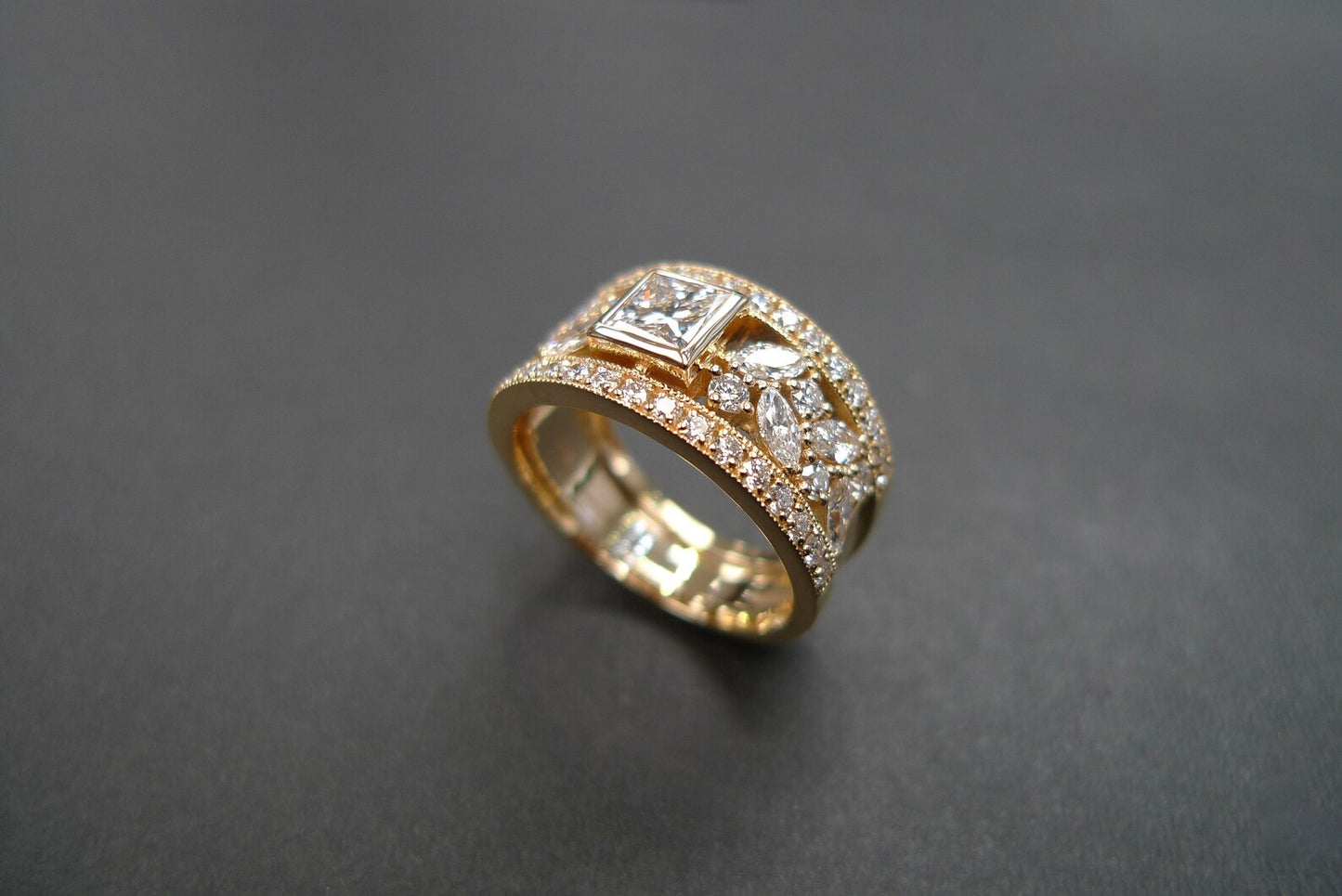 Certified 0.60ct Princess Cut Diamond Wide Ring in Yellow Gold - HN JEWELRY