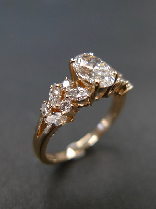 Certified 0.80ct Oval Cut Diamond and Marquise Diamond Ring in Yellow Gold