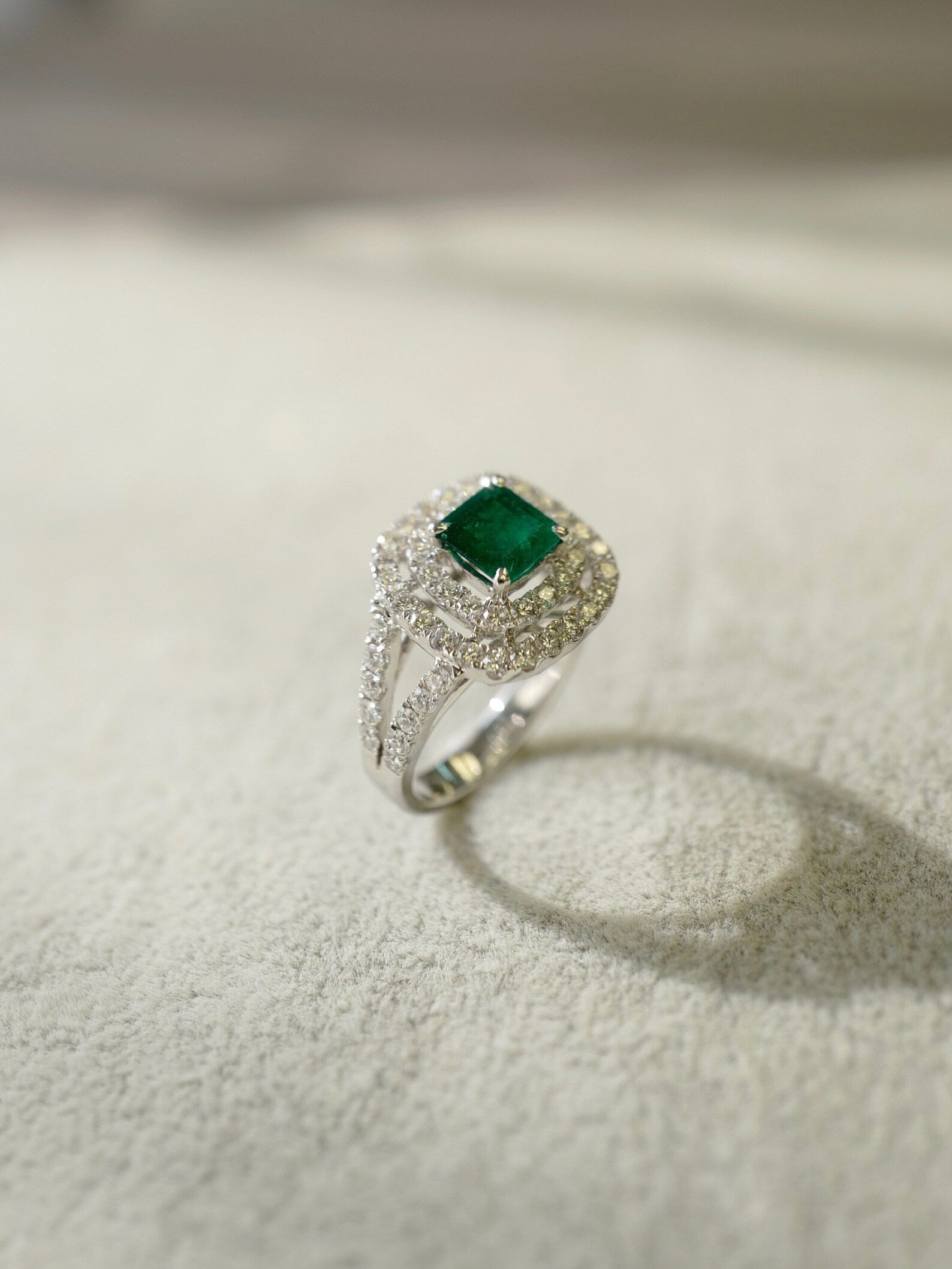 Emerald and Diamond Double Halo Ring in White Gold - HN JEWELRY