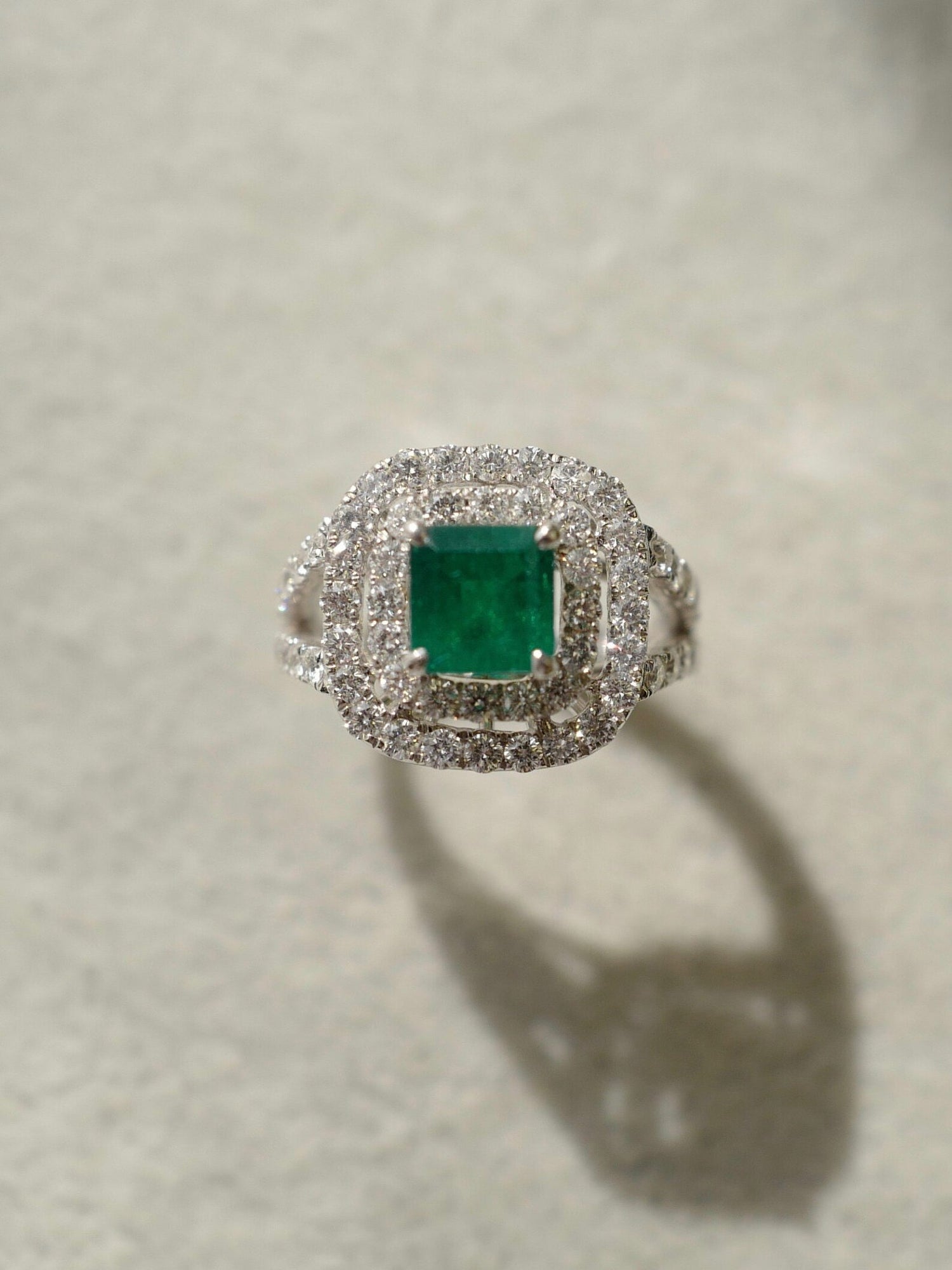 Emerald and Diamond Double Halo Ring in White Gold - HN JEWELRY
