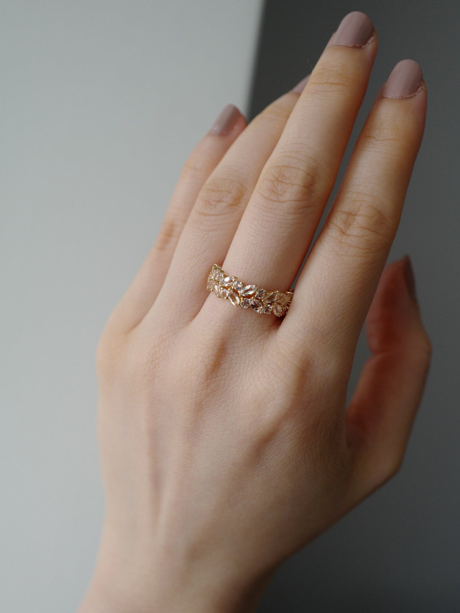 Marquise Cut Morganite Half Eternity Ring in Yellow Gold - HN JEWELRY
