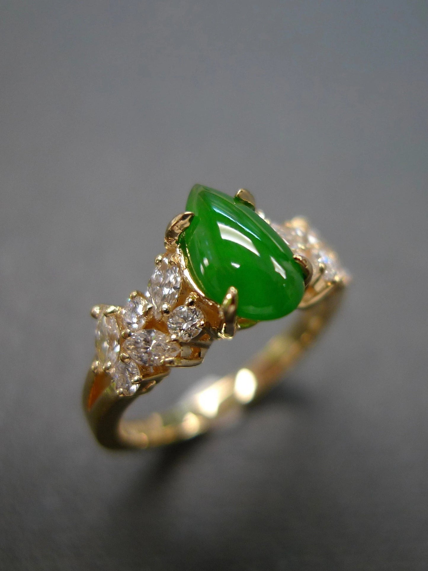 Certified Pear Shape Green Jade and Diamond Ring in Yellow Gold