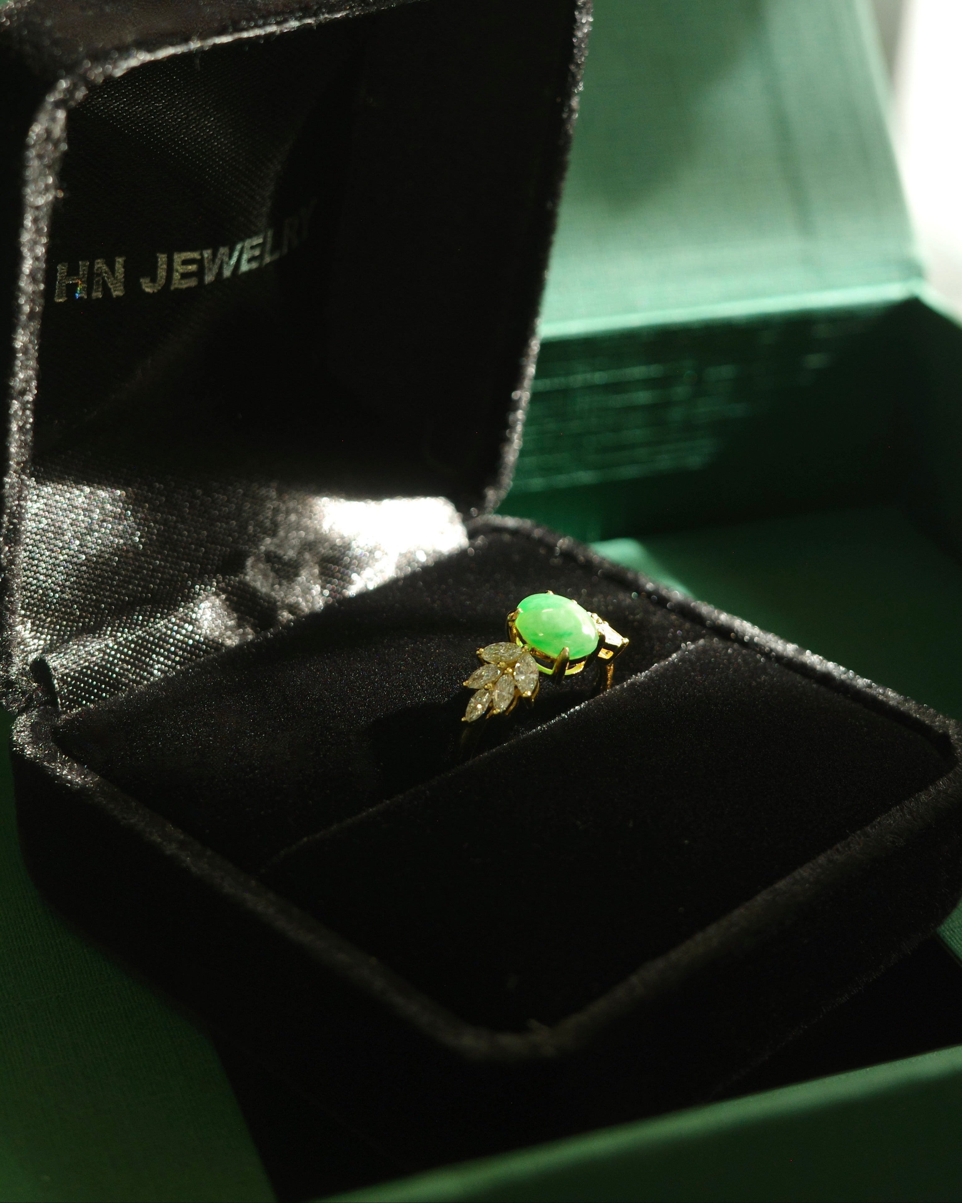 Elegant jade and diamond cluster ring on hn jewelry brand ring box