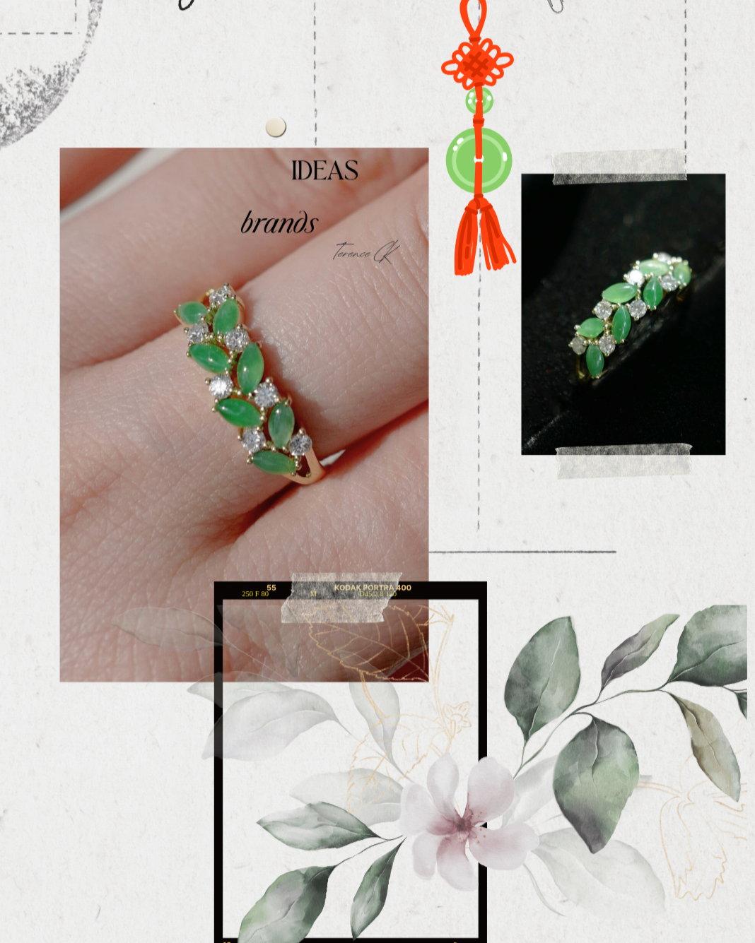 an inspiration of the ring design with marquise cut green jades and roun diamonds with decorative elements.