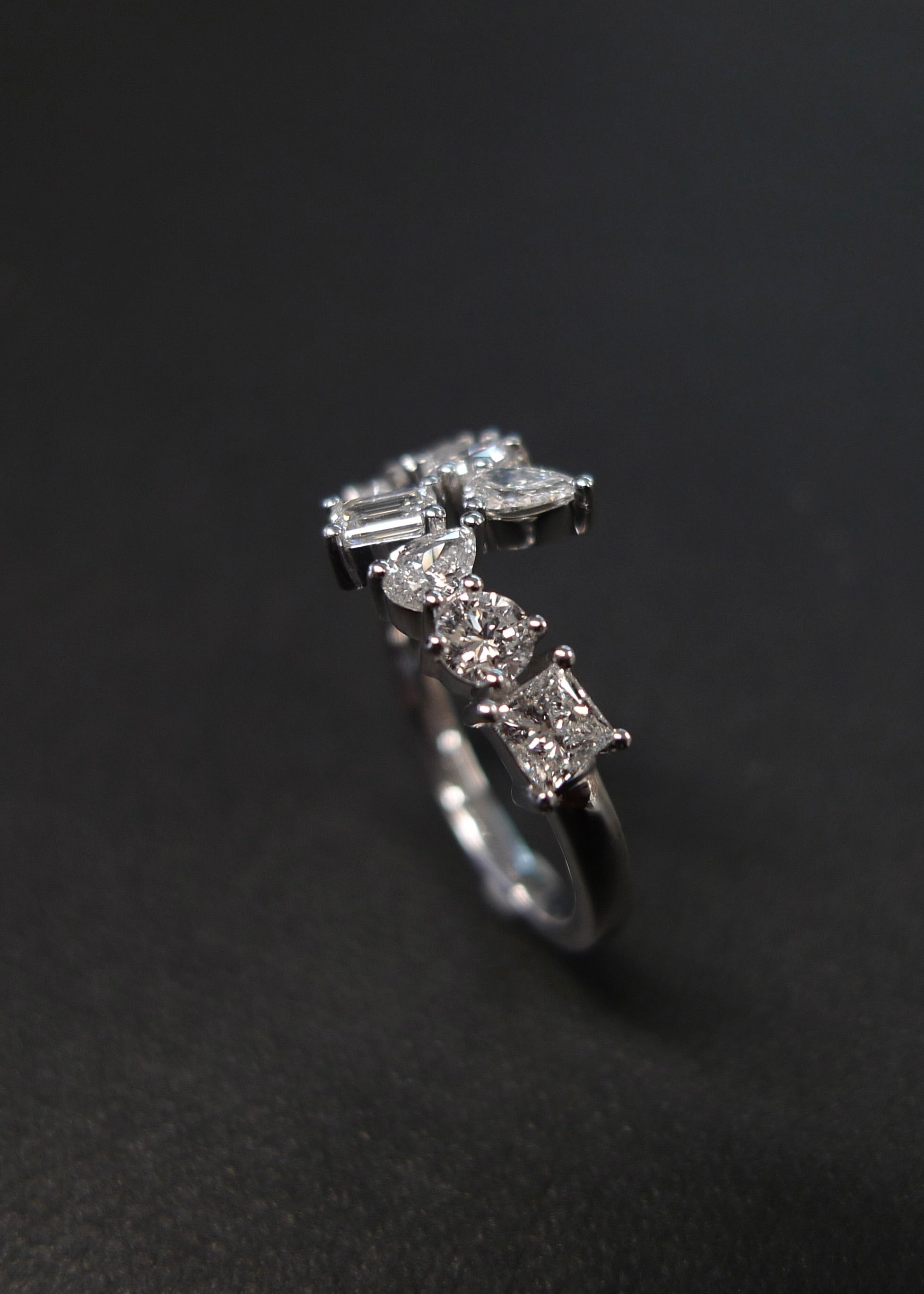 Statement diamond ring with mixed diamond cuts in white gold