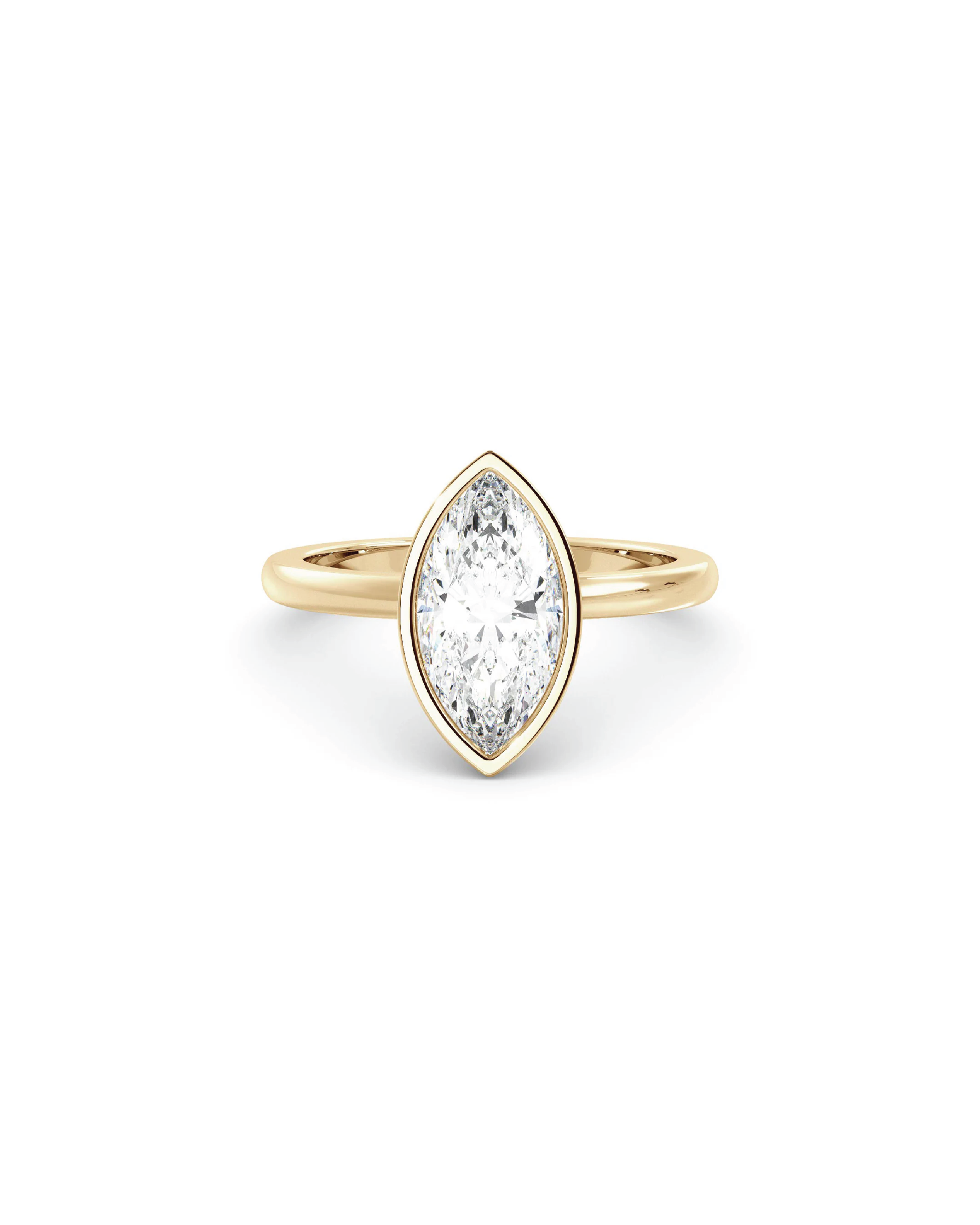 A marquise bezel solitaire ring with a clear marquise diamond in the center, set in a yellow gold band.