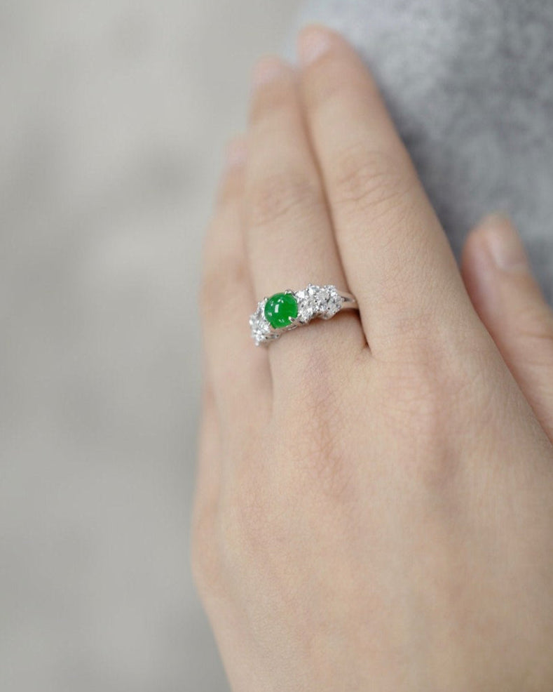 Certified Natural Green Jade and Diamond Ring in white Gold
