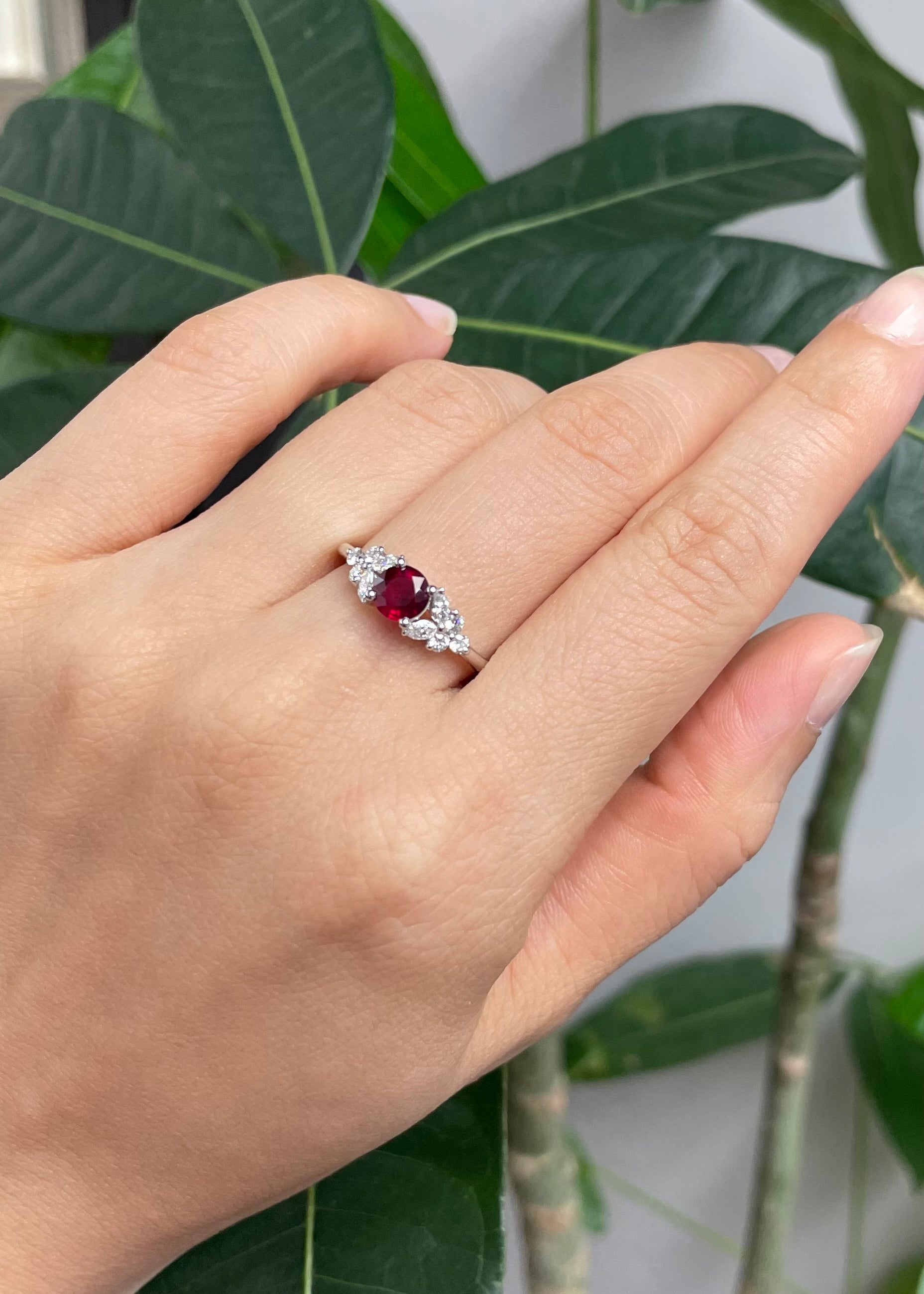 Natural ruby ring with marquise diamonds and round brilliant diamonds