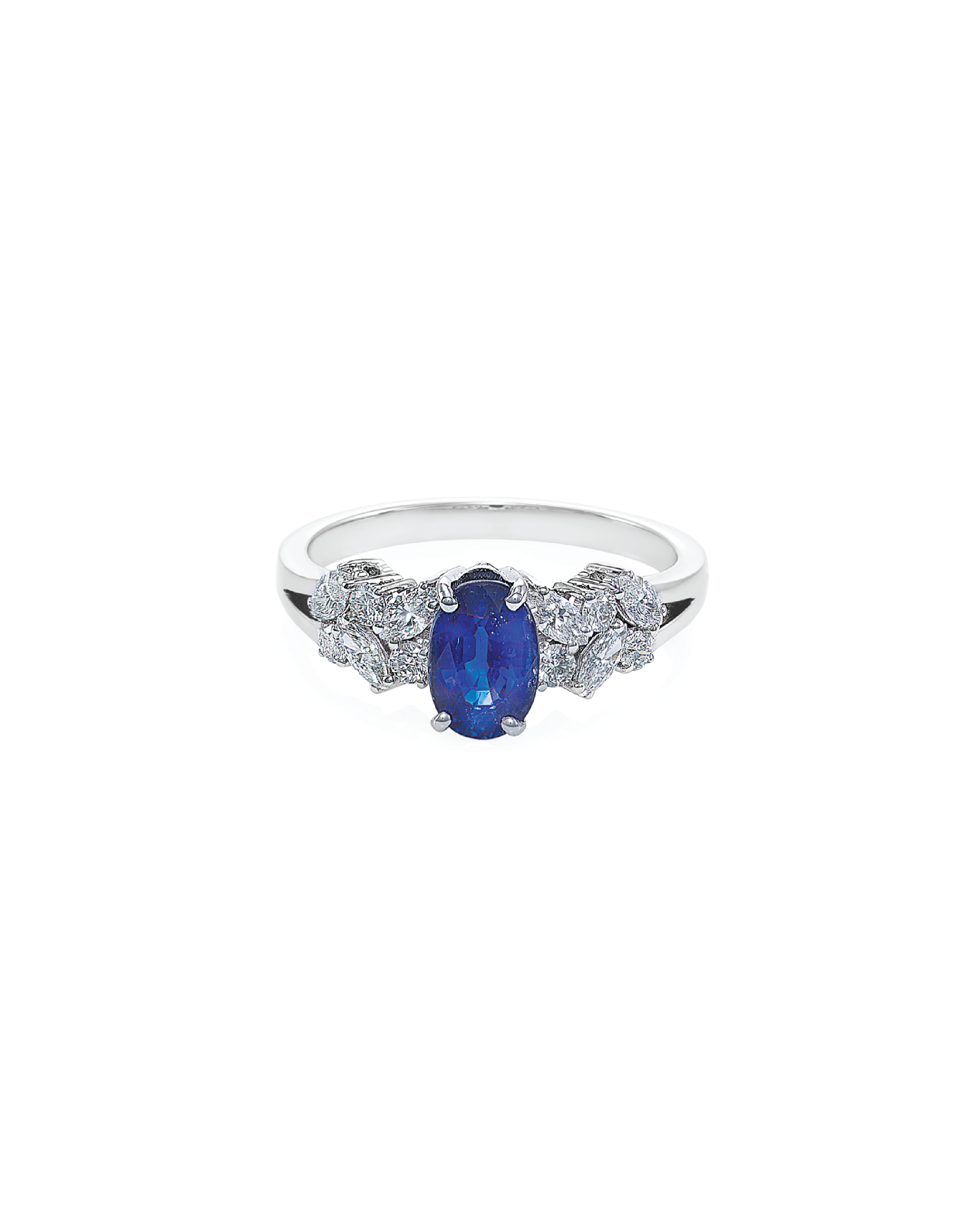 Oval blue sapphire engagement ring with marquise diamonds in white gold
