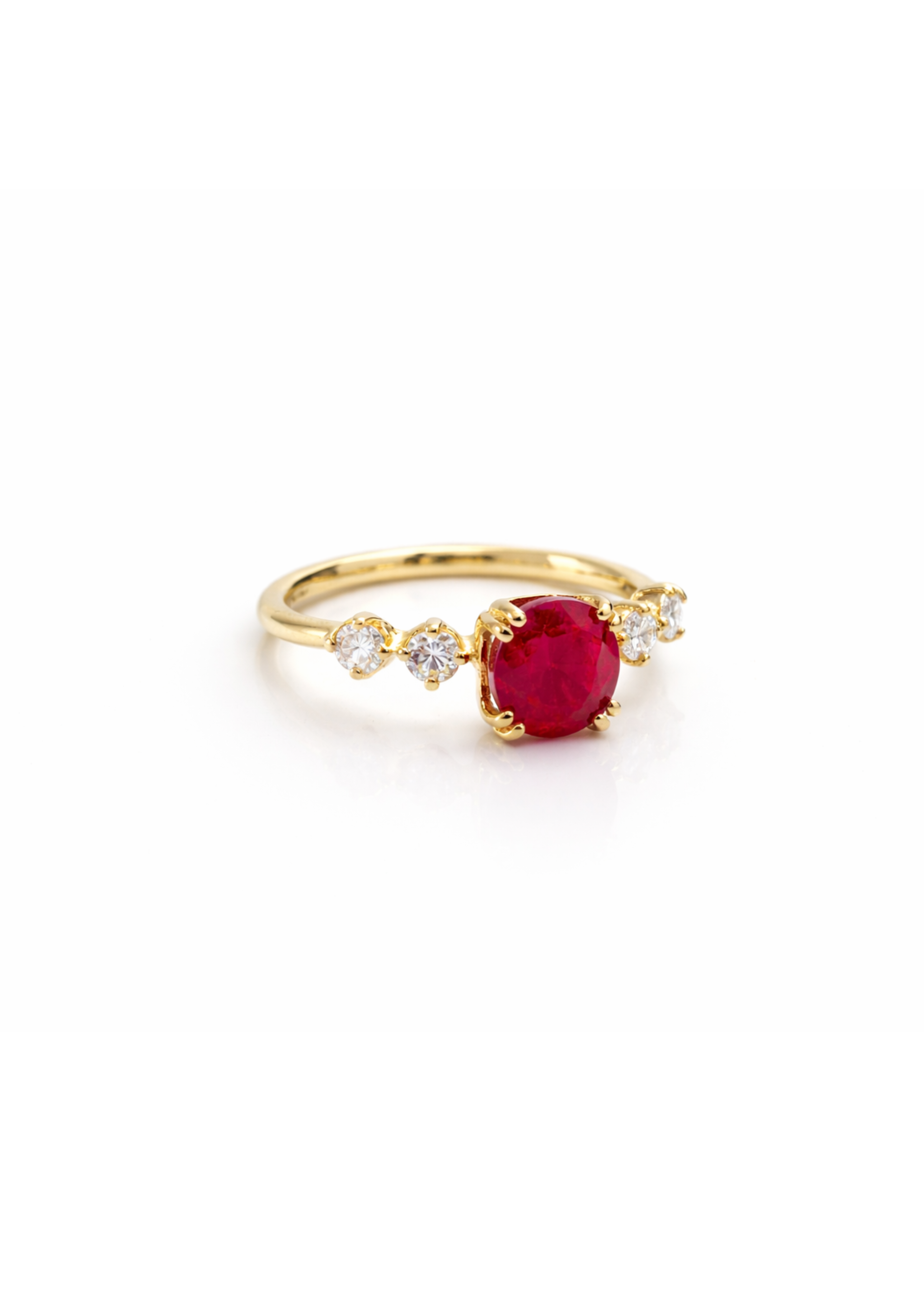 Natural pigeon blood burma ruby ring with round diamond side stones in yellow gold