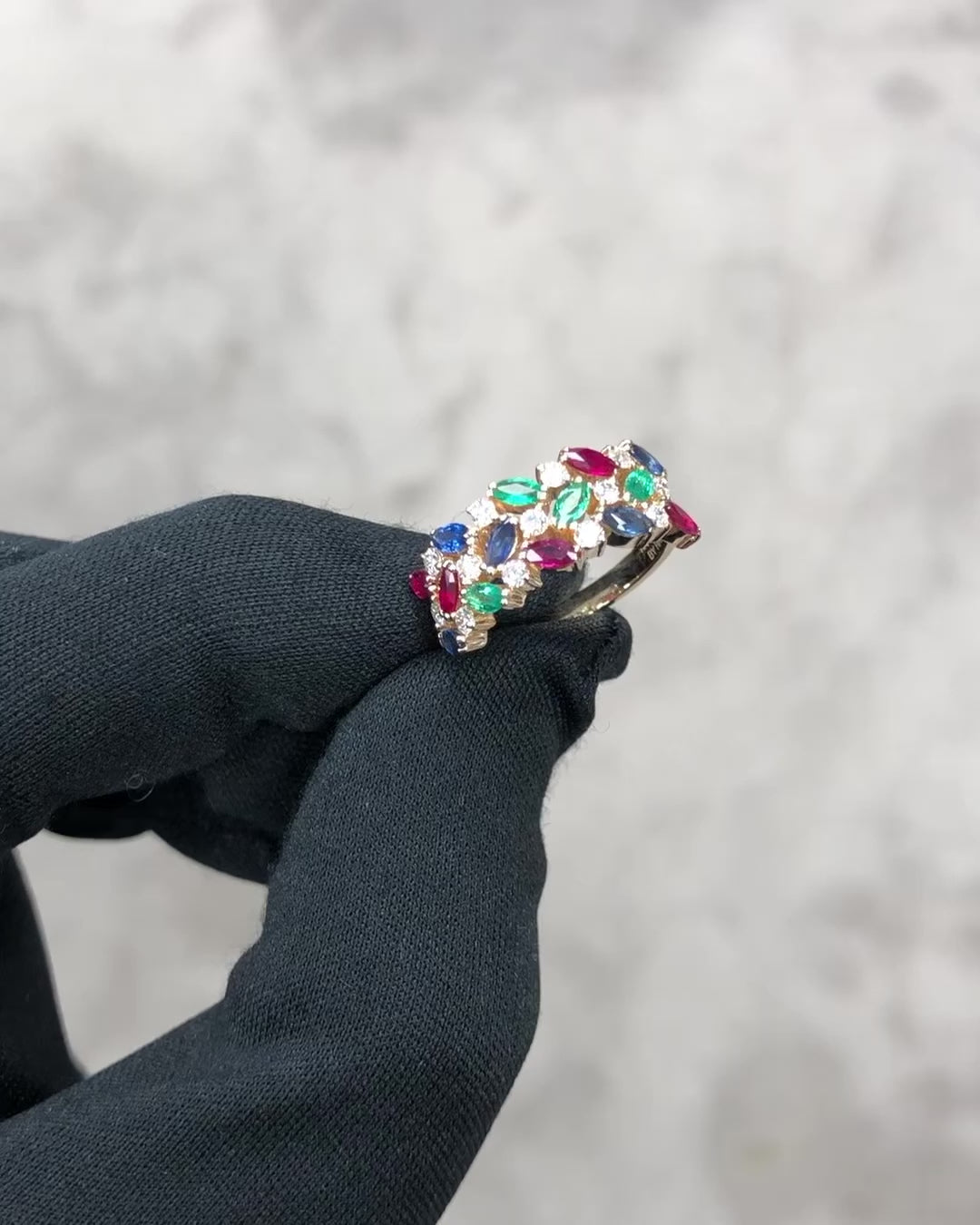 Three rows diamond ring with colored gem accents – HN Jewelry