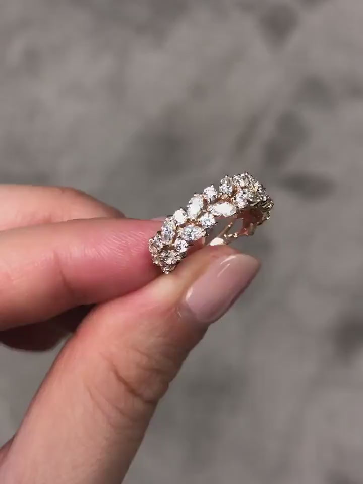 luxury marquise cut and round briliant cut diamond half eternity band handcrafted in solid half gold