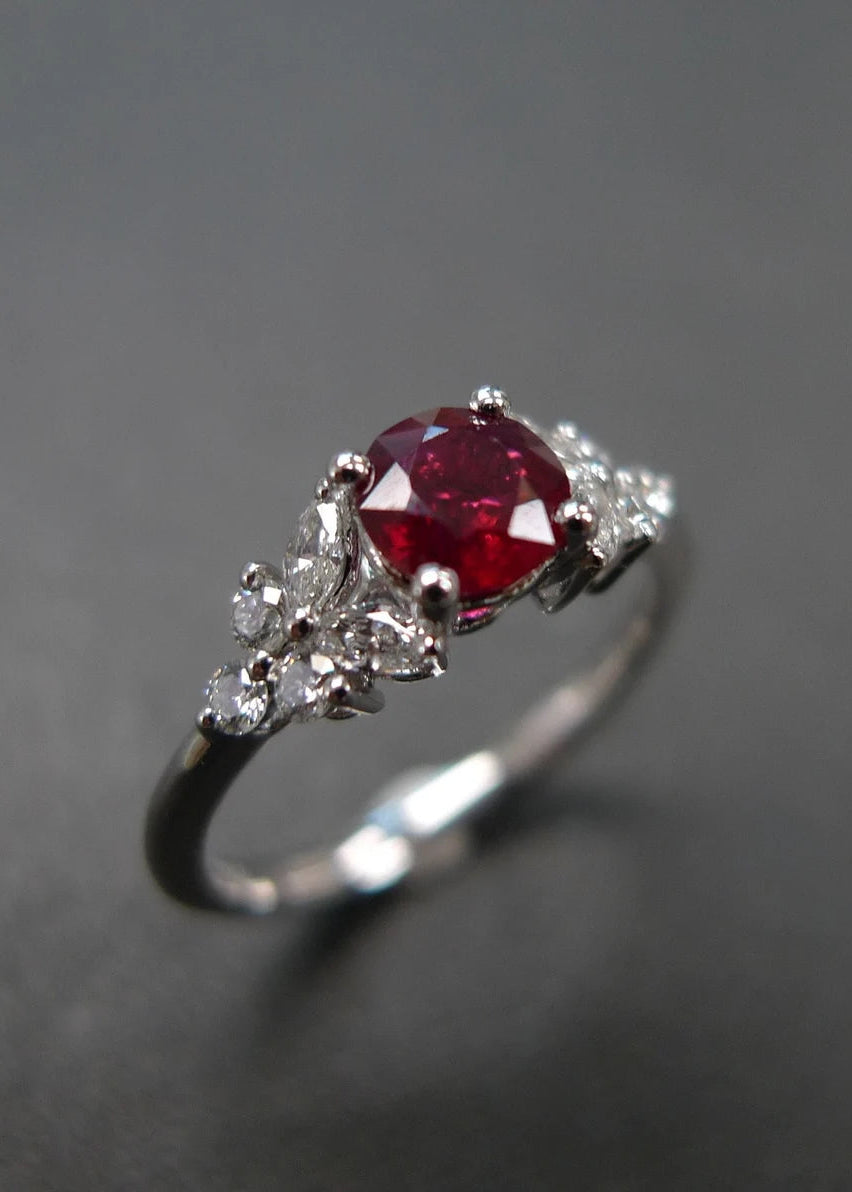 Round natural ruby ring with diamond accents in 14K white gold