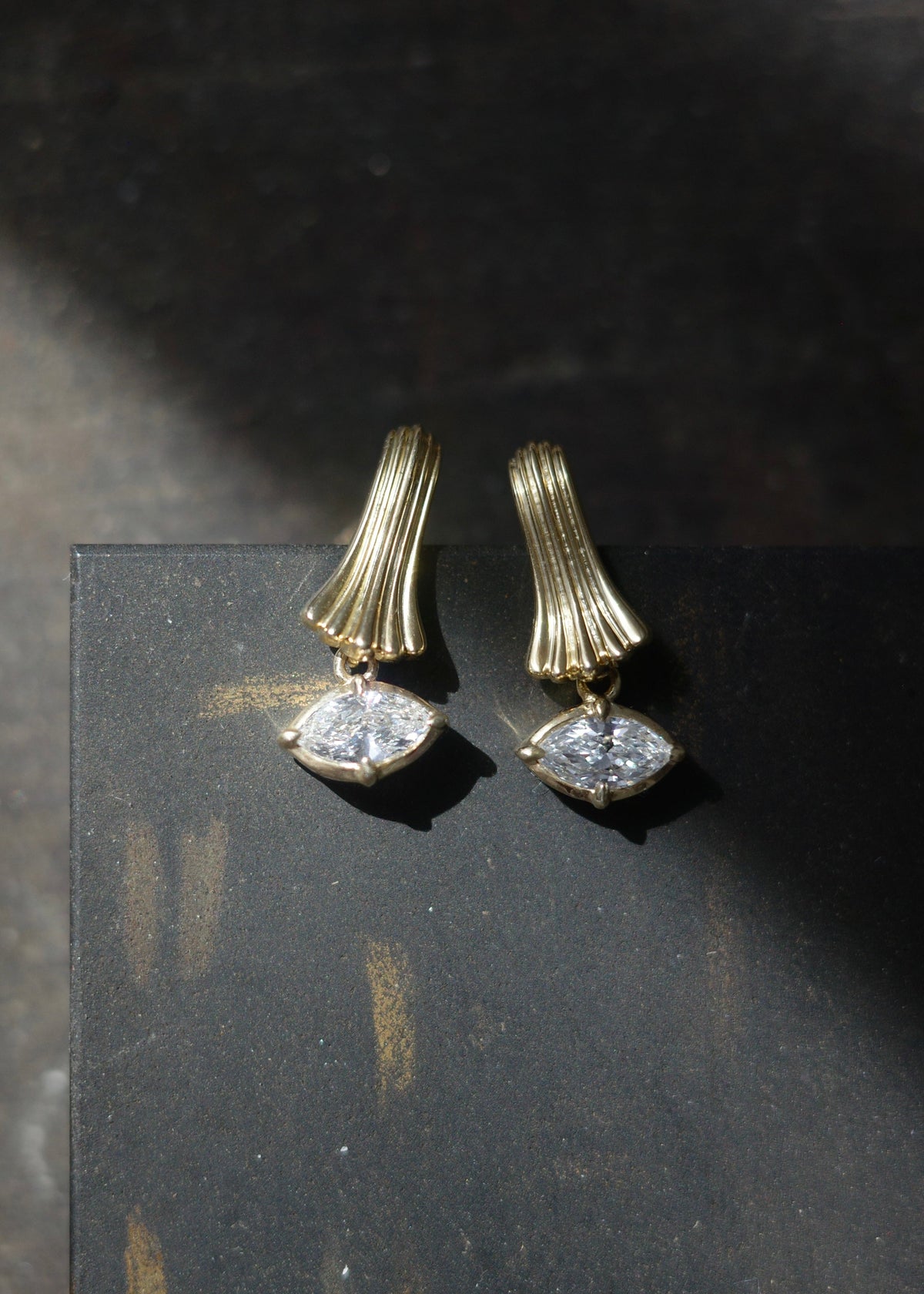 Sculptured Fluted Fan Marquise Diamond Drop Earrings