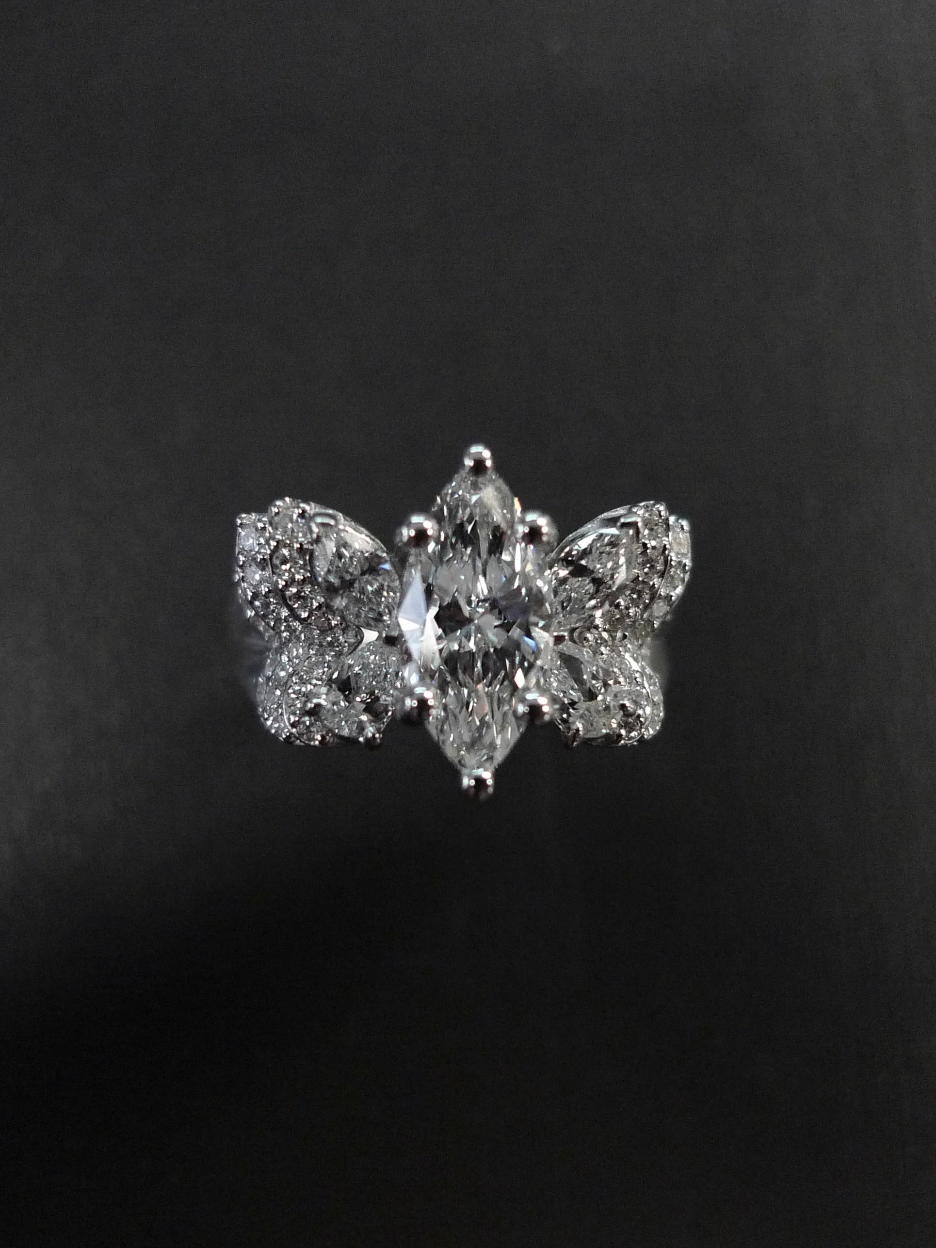 Butterfly marquise diamond ring in 14k white gold
