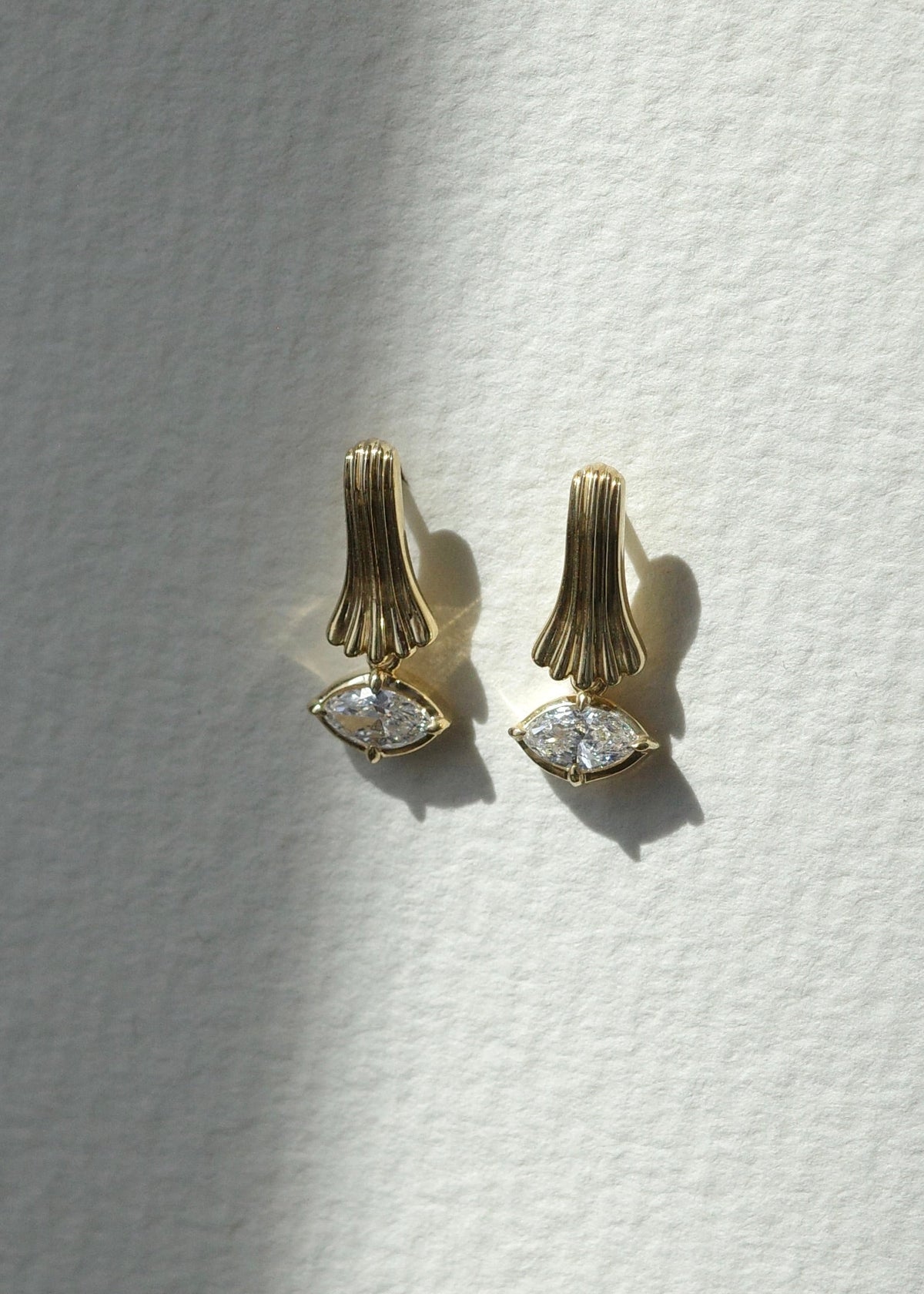 Sculptured Fluted Fan Marquise Diamond Drop Earrings