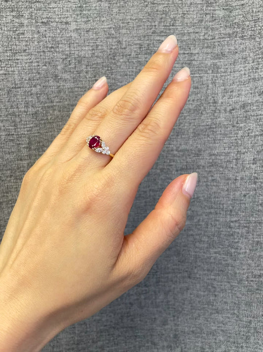 1.00ct Natural Pigeon Blood Ruby and Marquise Diamond Ring