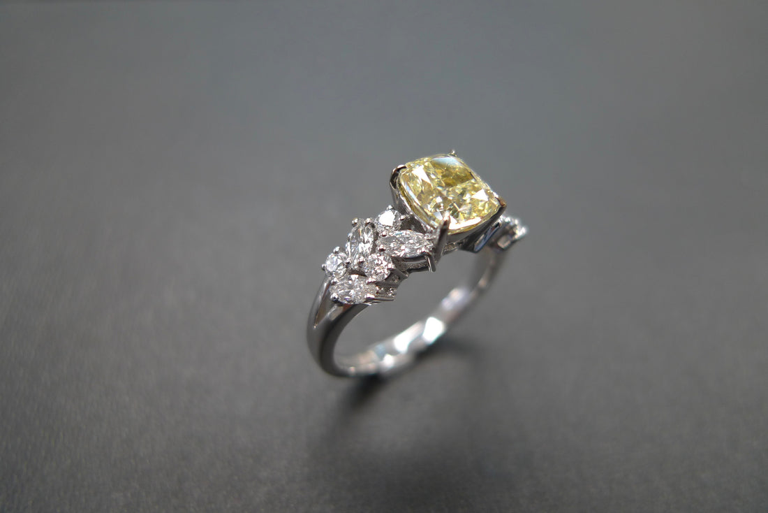1.22ct Cushion Shape Light Yellow Diamond and Marquise Diamond Ring - HN JEWELRY