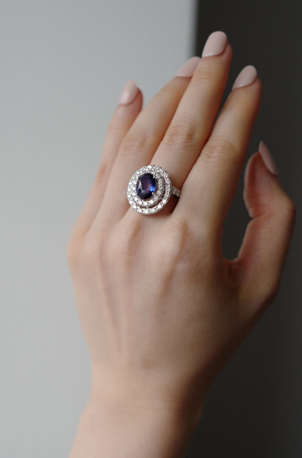 3.04ct Ceylon Blue Sapphire and Diamond Double Halo Ring in 18K White Gold - HN JEWELRY