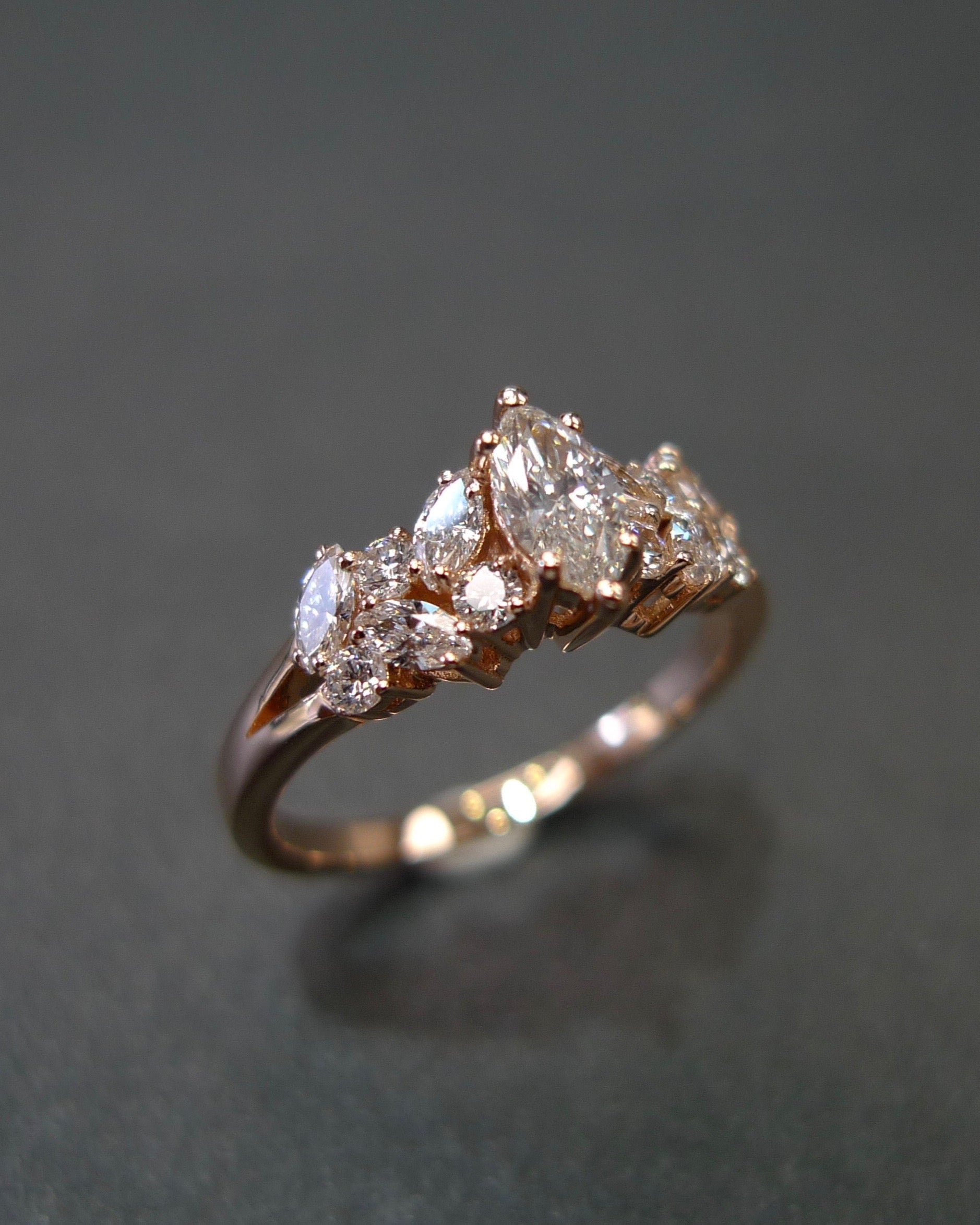 Handcrafted rose gold marquise diamond engagement ring fine jewelry