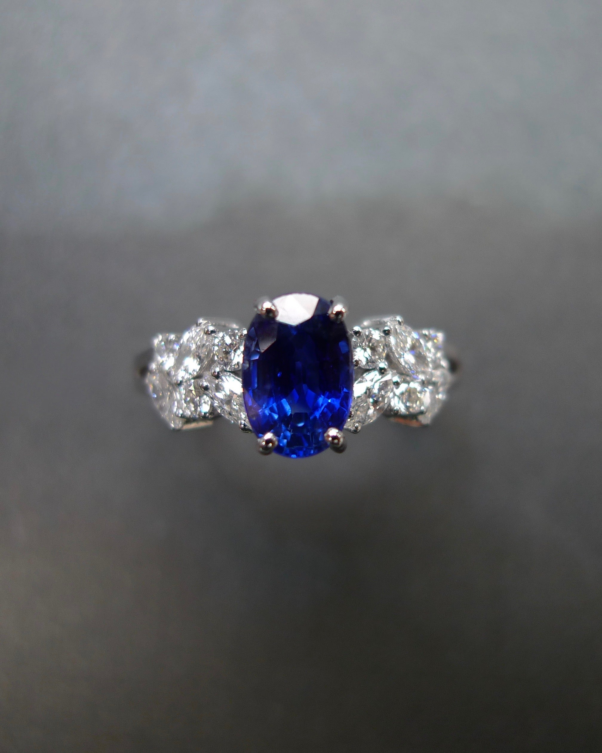 Blue Sapphire & Marquise Diamond Ring in 14K White Gold - HN JEWELRY