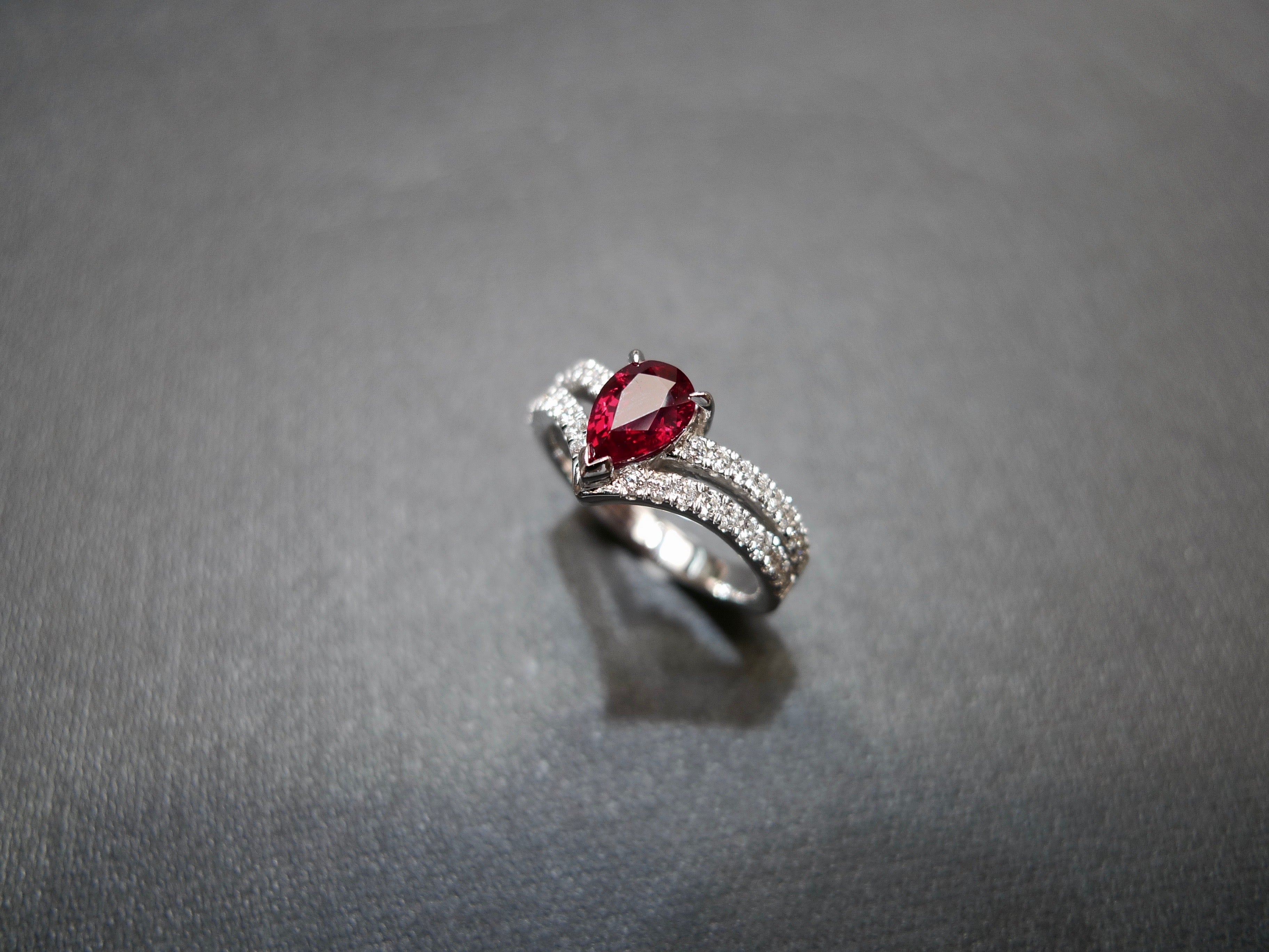 Pear Shaped Ruby and Diamond Ring in 18K White Gold - HN JEWELRY