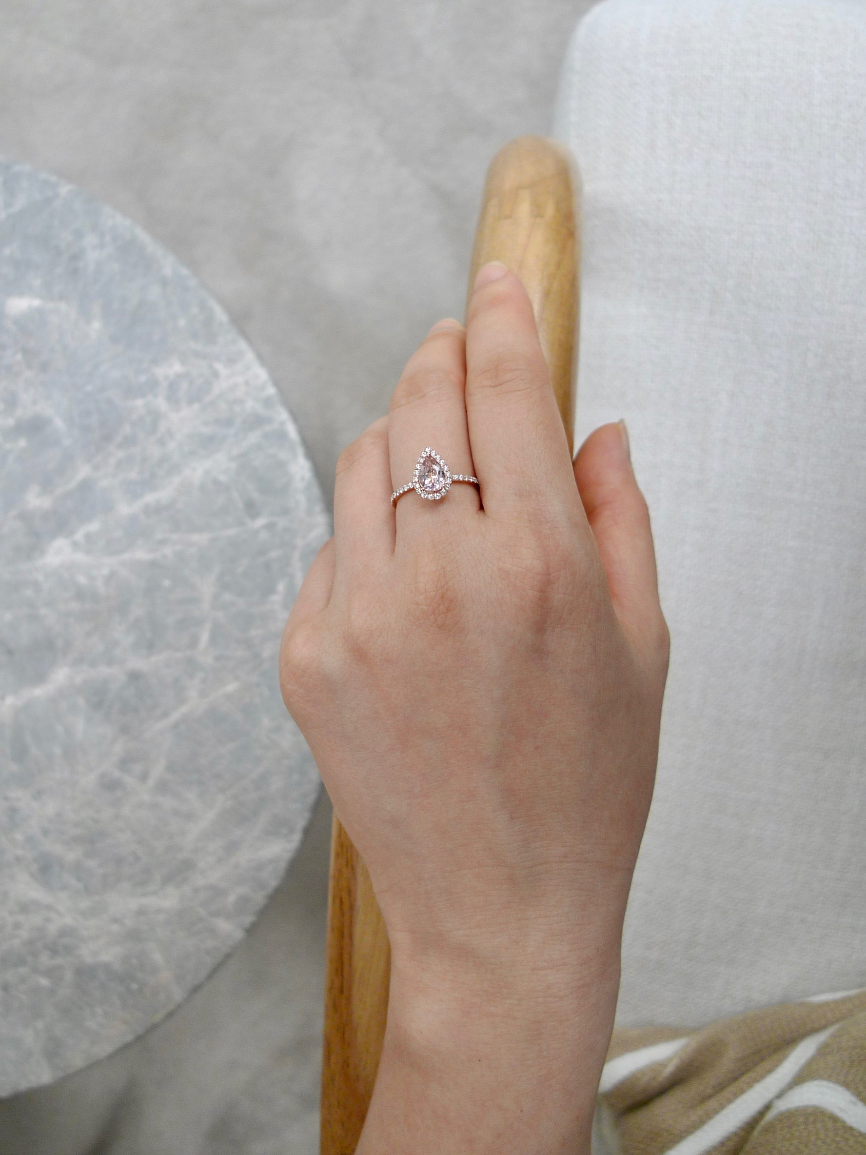 Pear Shaped Morganite & Diamond Ring in 18K Rose Gold - HN JEWELRY