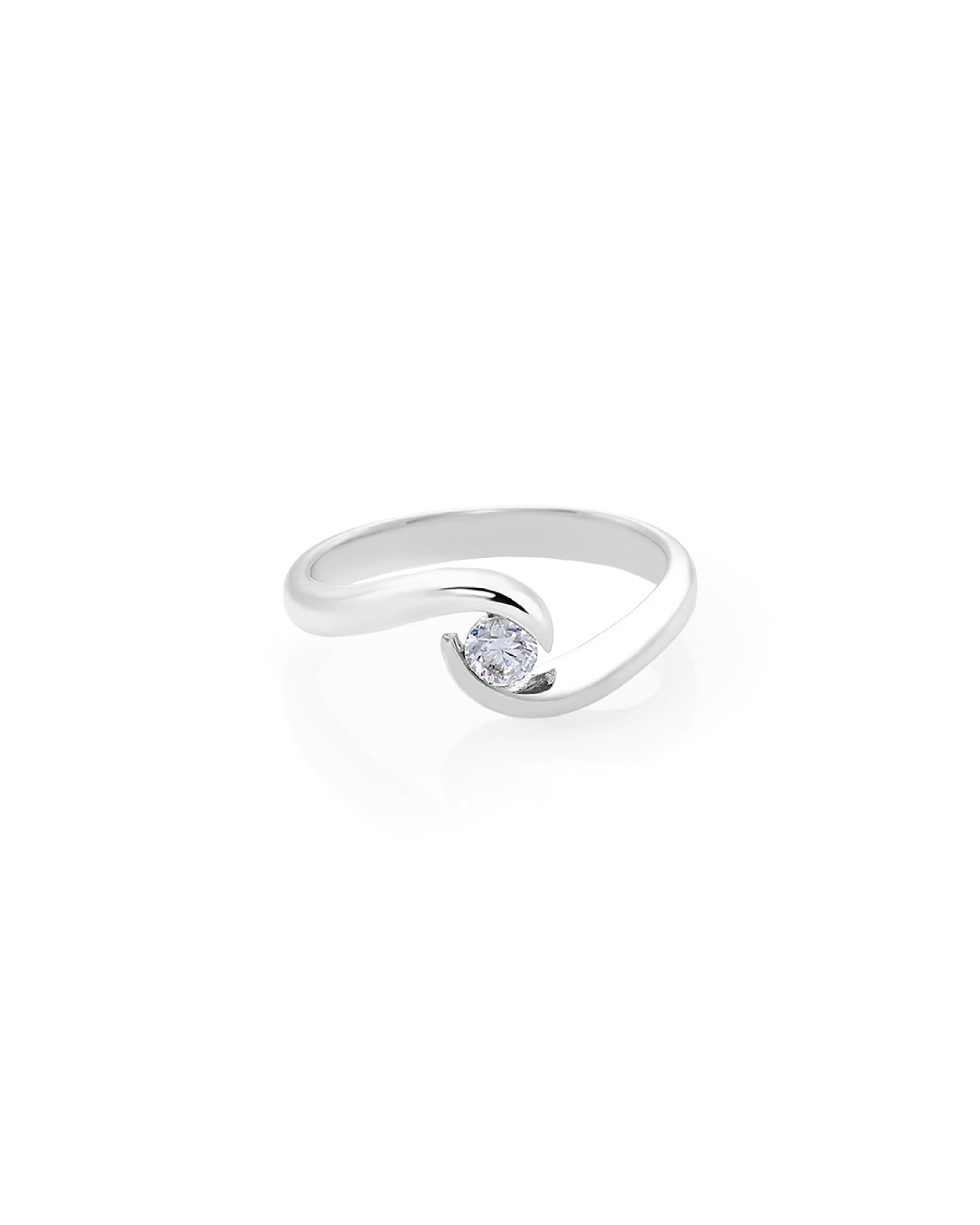 A white gold ring with a single round cut diamond set in a twist setting.