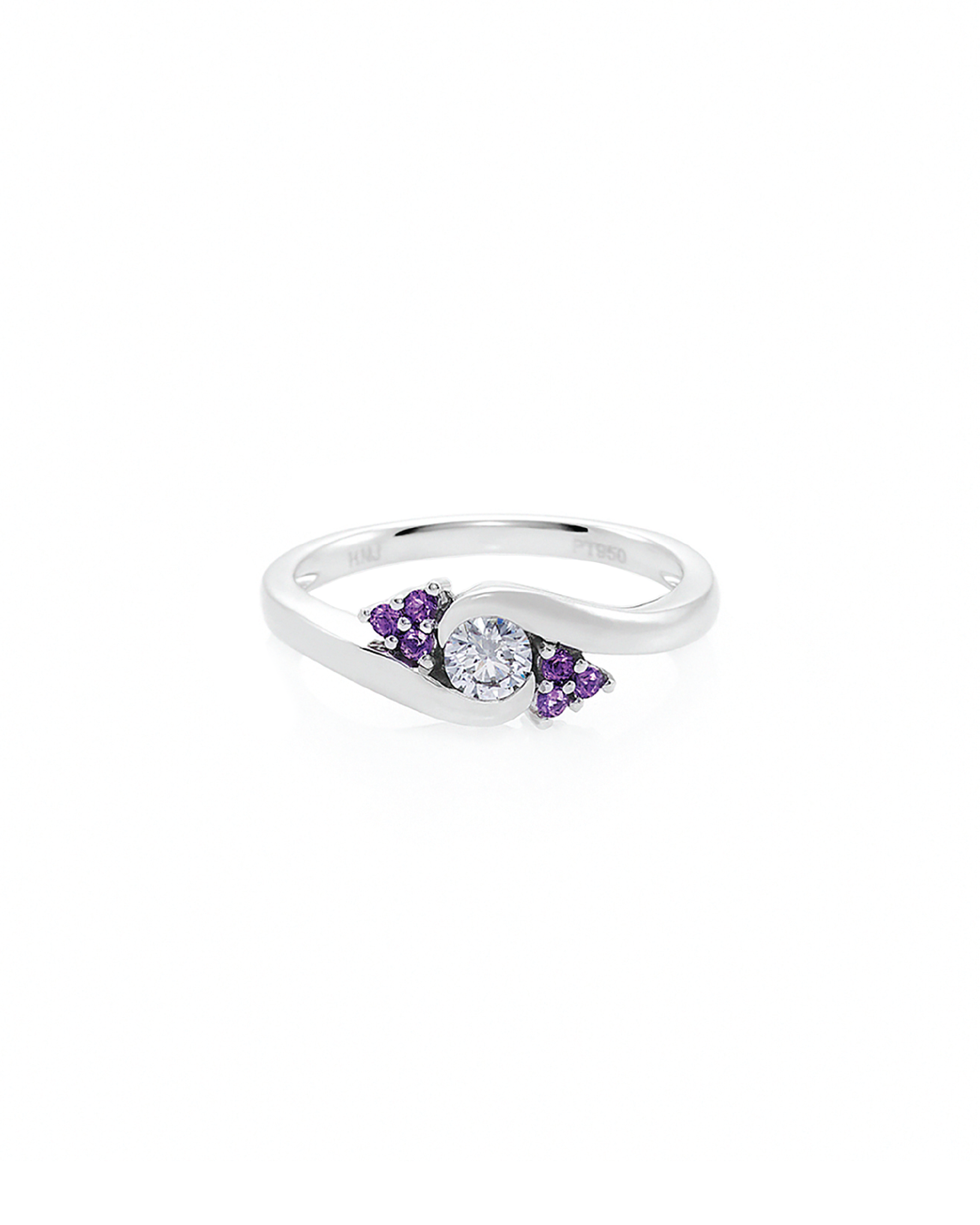 A white gold ring with a round diamond center stone and amethyst side stones in a twist style setting.