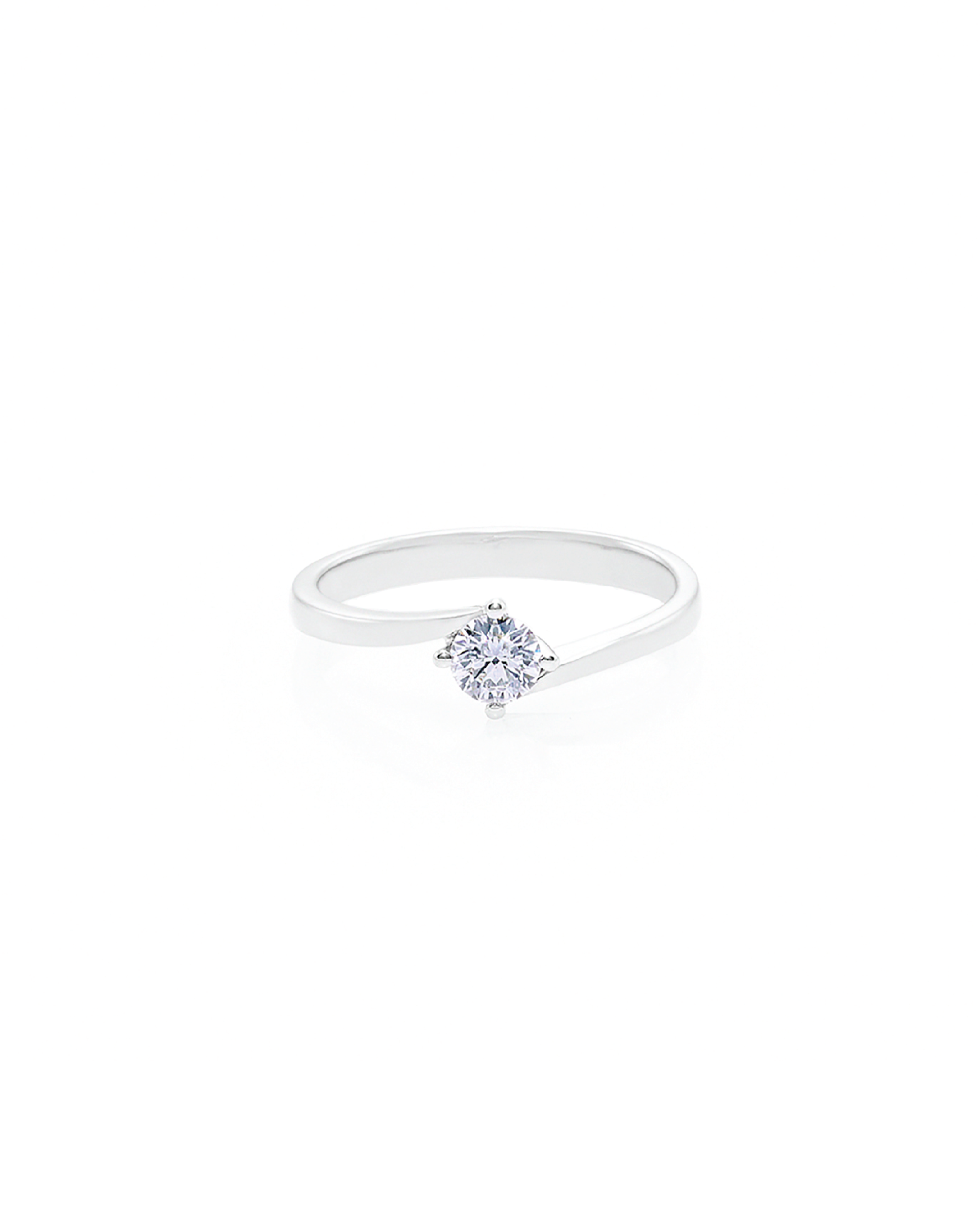 A white gold ring with a single round cut diamond solitaire in a twist setting.